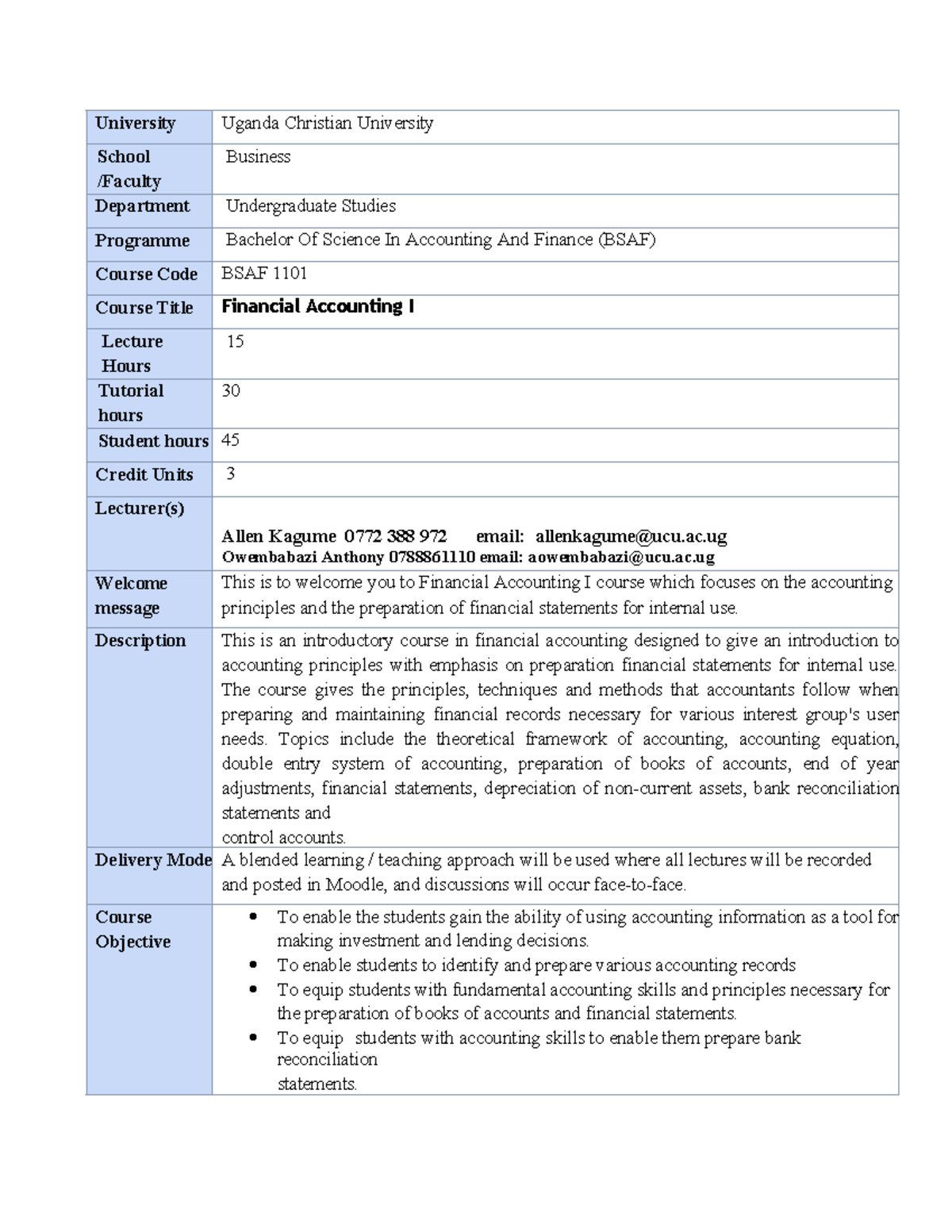 BSAF 1101 Financial Accounting I Lecture Notes and Course Overview ...