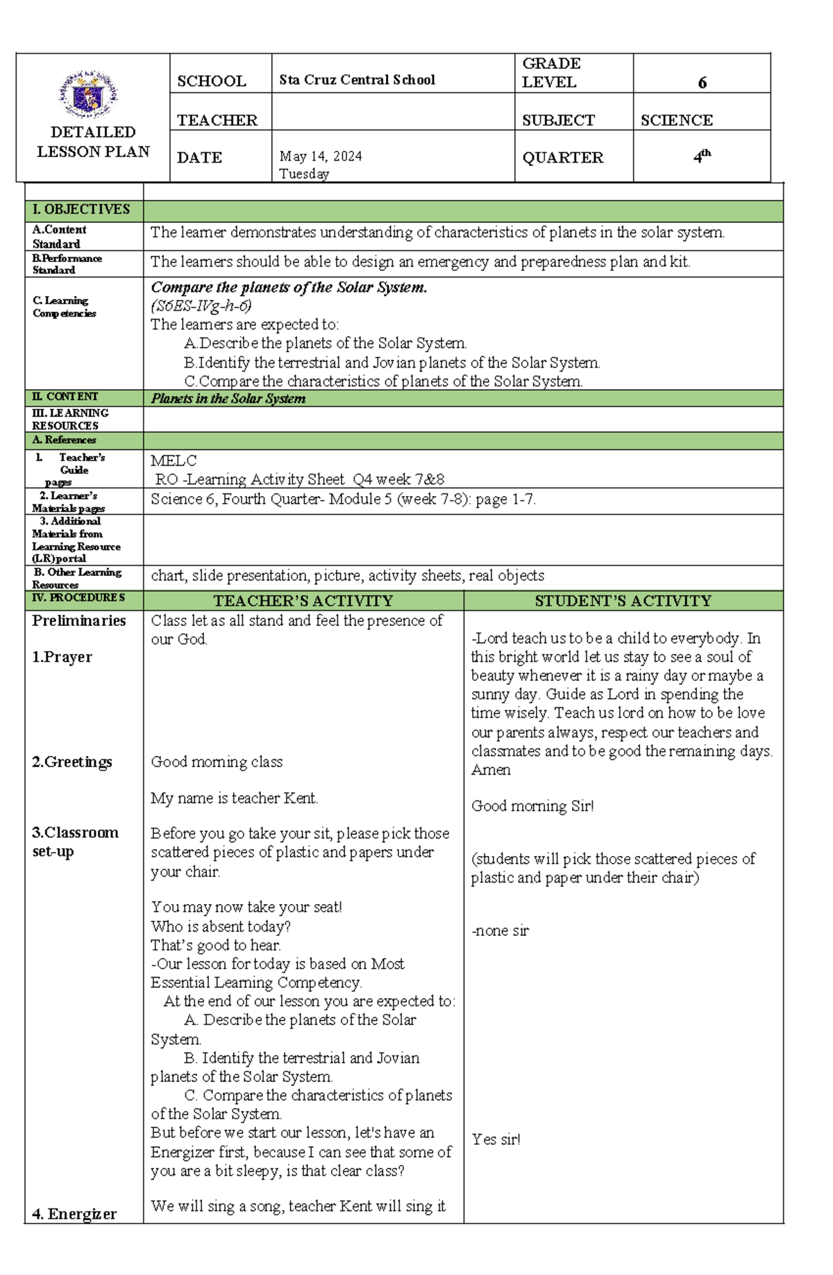 Science DLP 2: Detailed Lesson Plan on Solar System for Grade 6 - Studocu