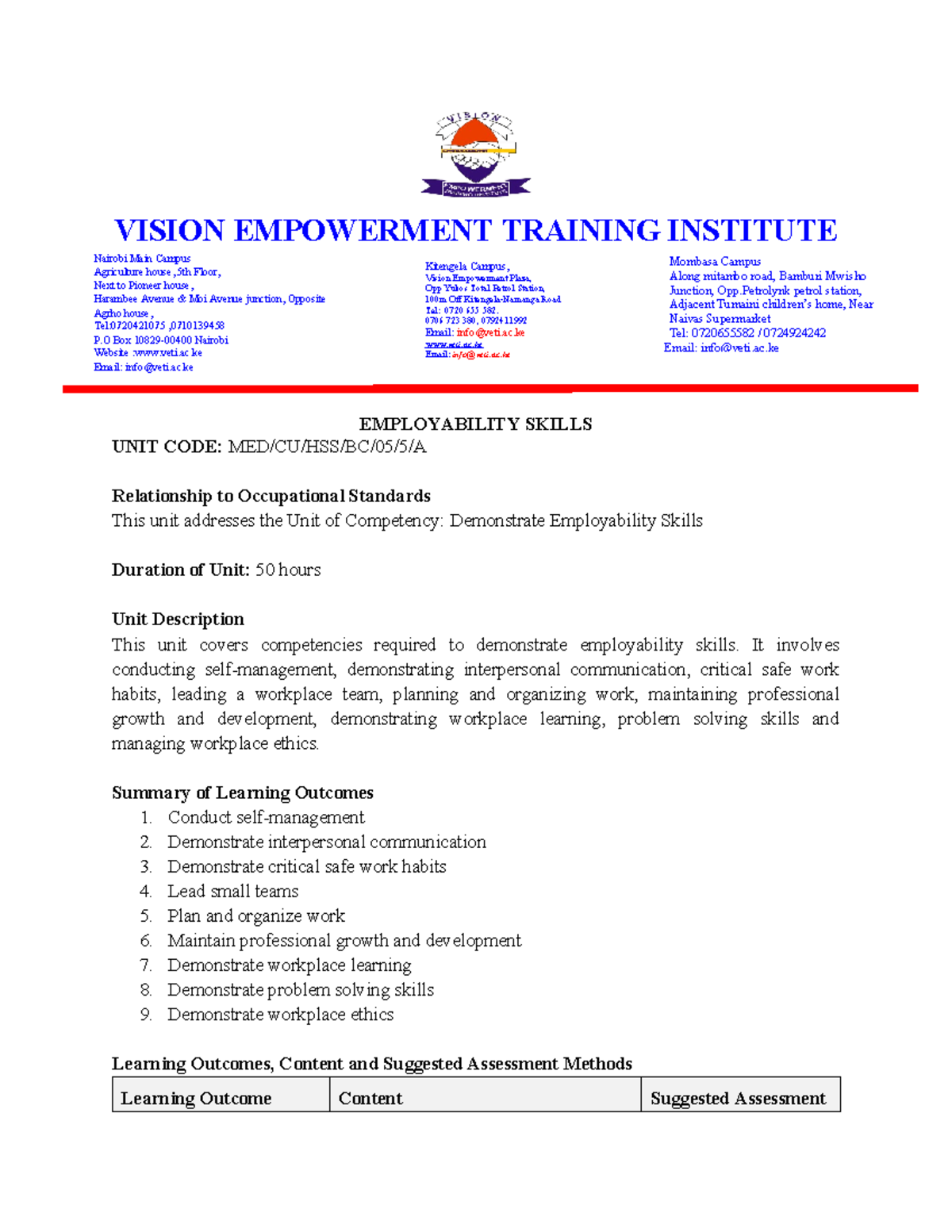 Employability Skills Course Outline - VISION EMPOWERMENT TRAINING ...