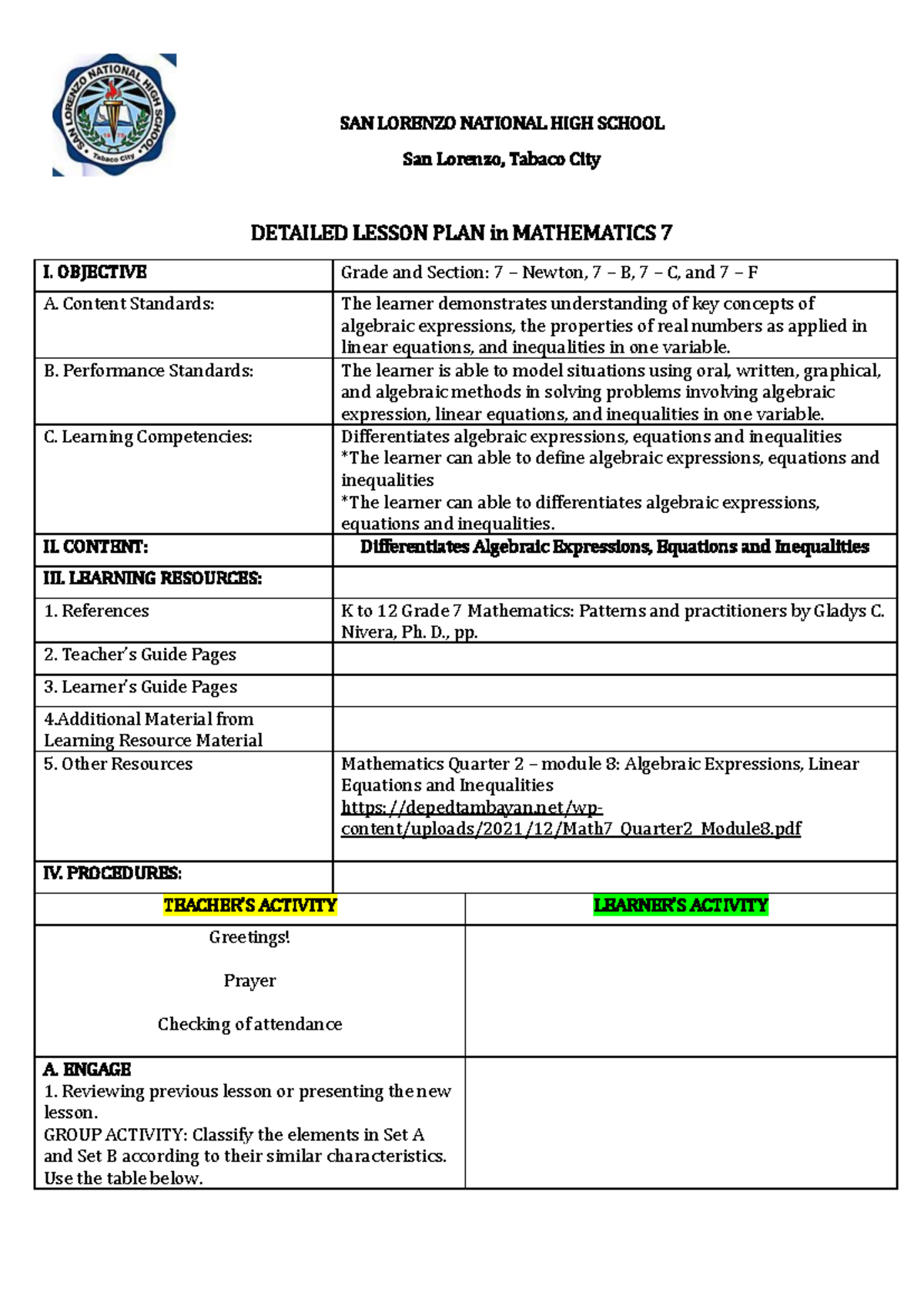 Detailed Lesson Plan for Algebraic Expressions, Equations ...