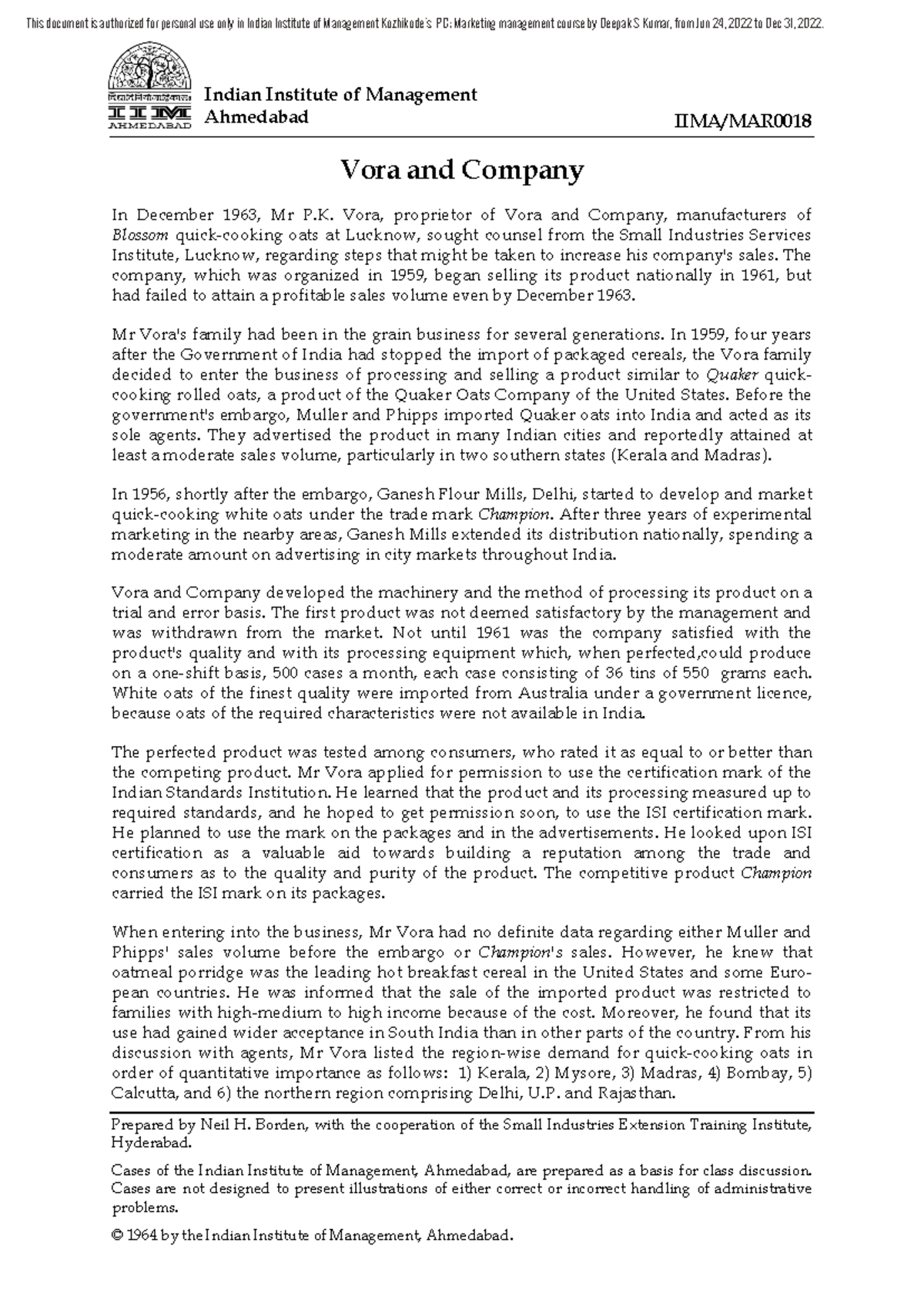 IIMA/MAR Vora and Company Case Study Analysis and Recommendations - Studocu