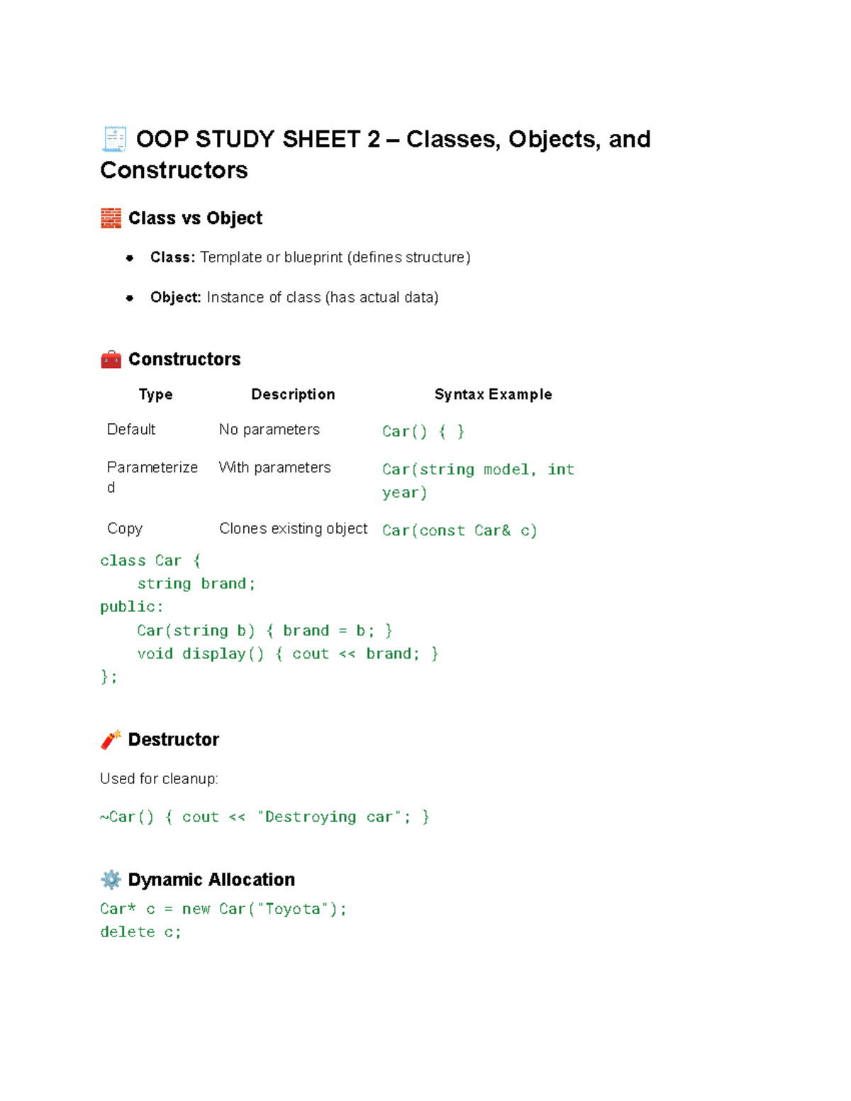 OOP Study Sheet 2 – Classes, Objects, and Constructors - 🧾 OOP STUDY ...