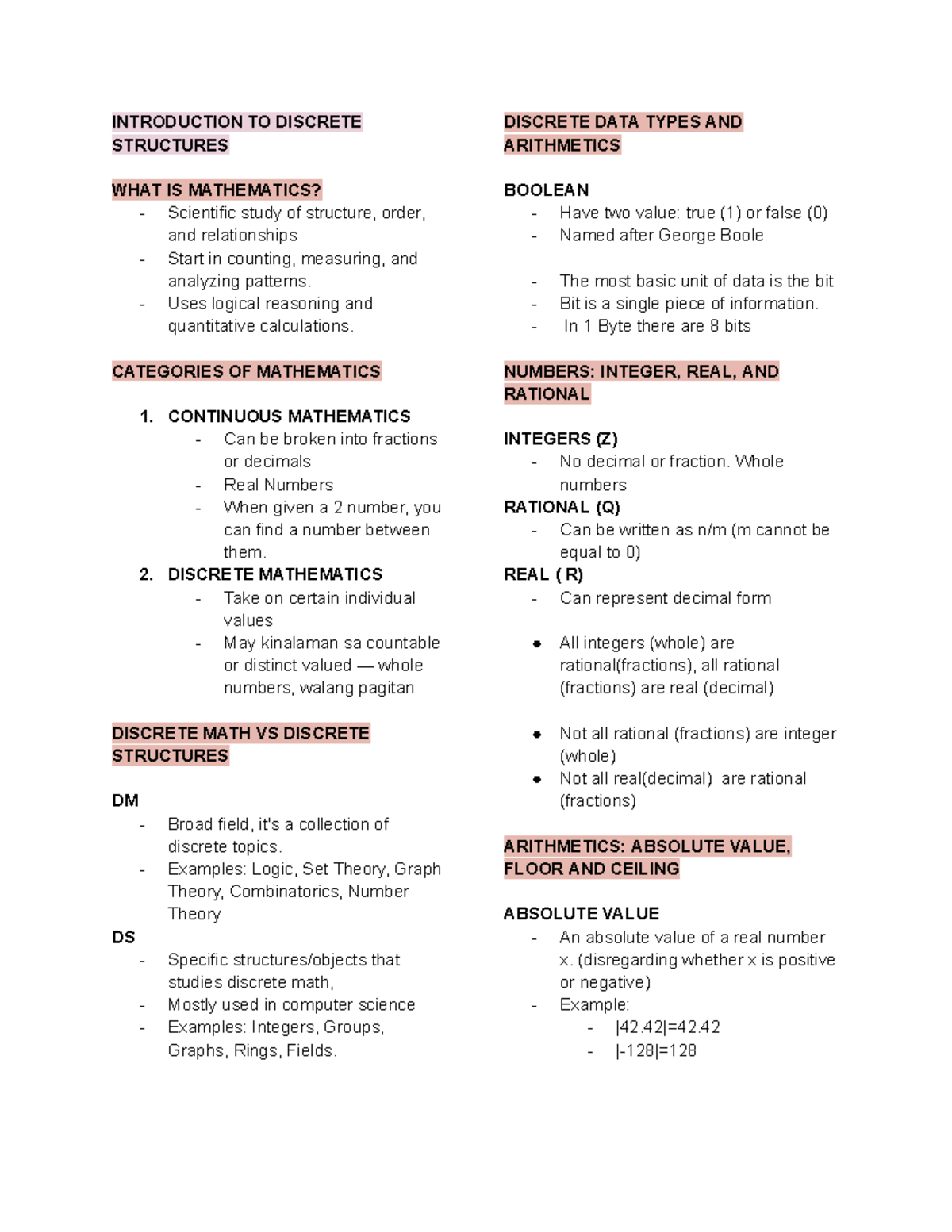 Discrete MATH (CS101) Reviewer for Preliminary Exam on Data Types ...