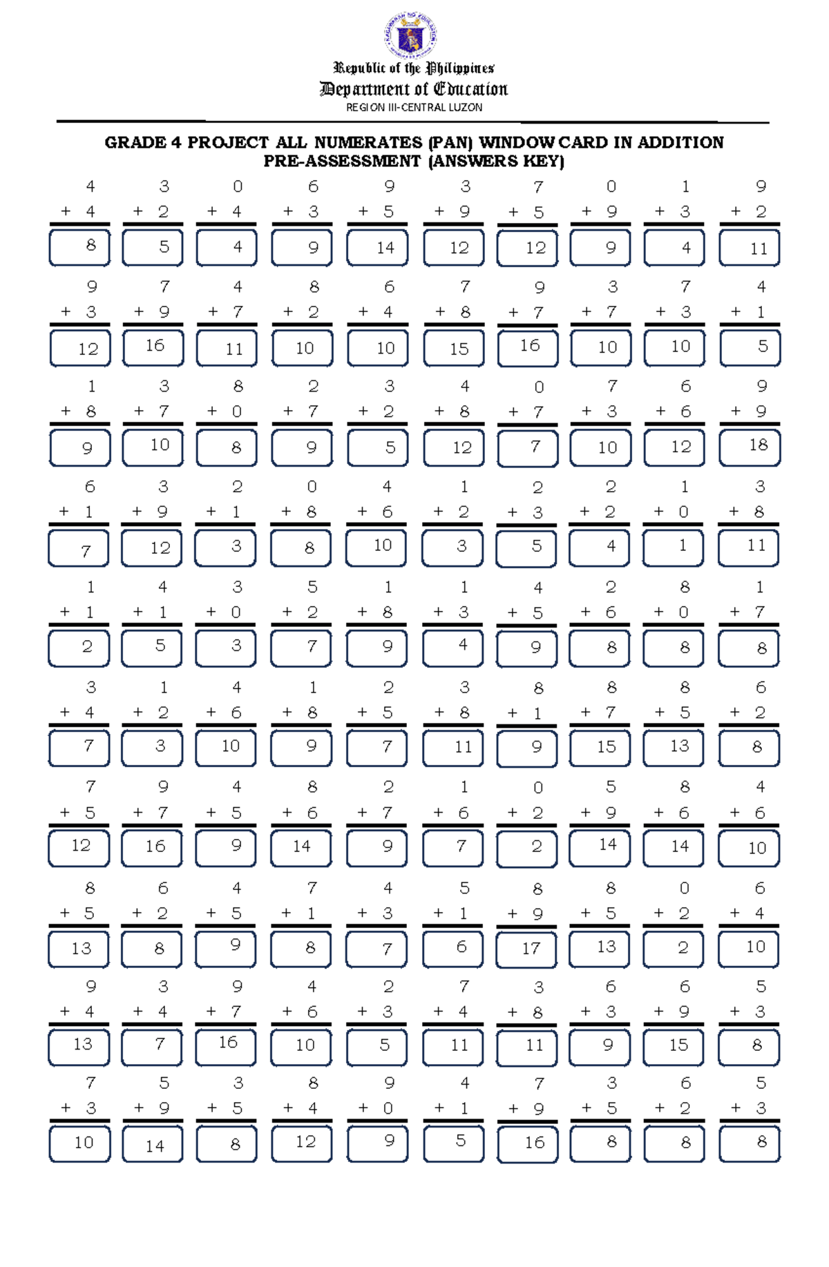 Grade 4 PAN Window Cards Answers KEY (Addition, Subtraction, Division ...