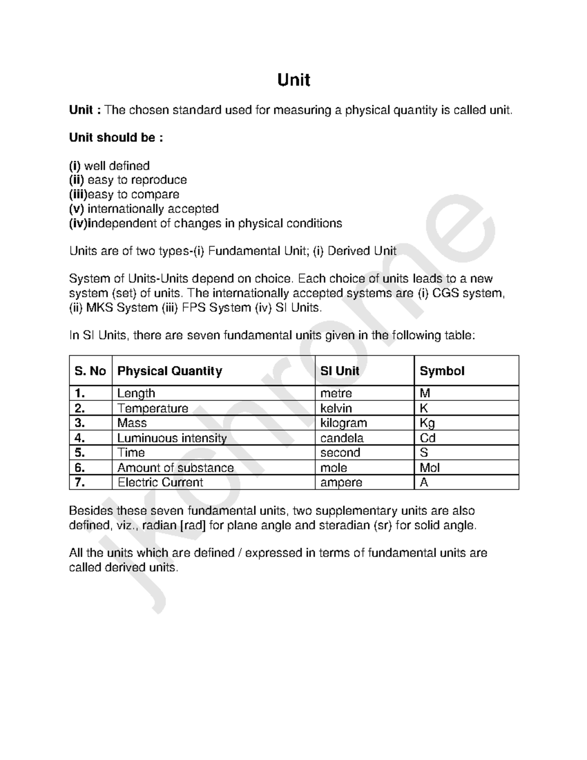 Unit Standards: Understanding Fundamental and Derived Units in SI - Studocu