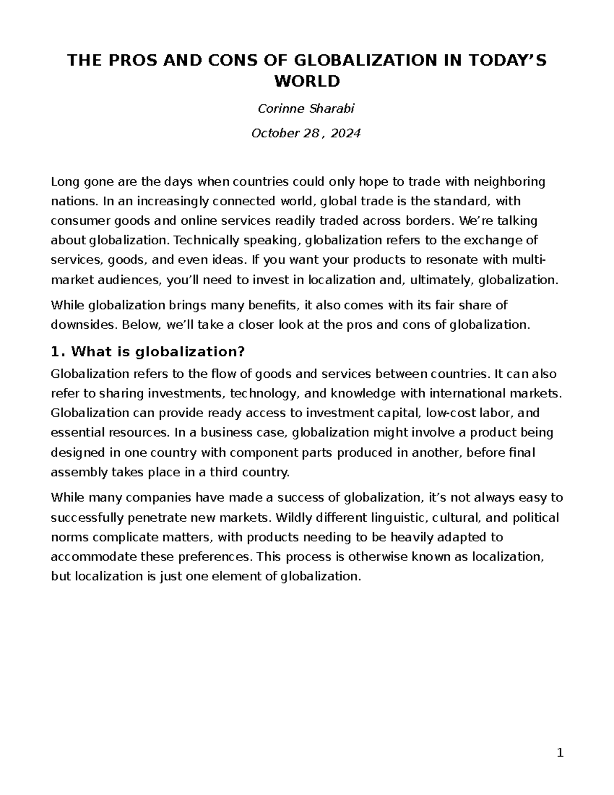 Globalization article - THE PROS AND CONS OF GLOBALIZATION IN TODAY’S ...