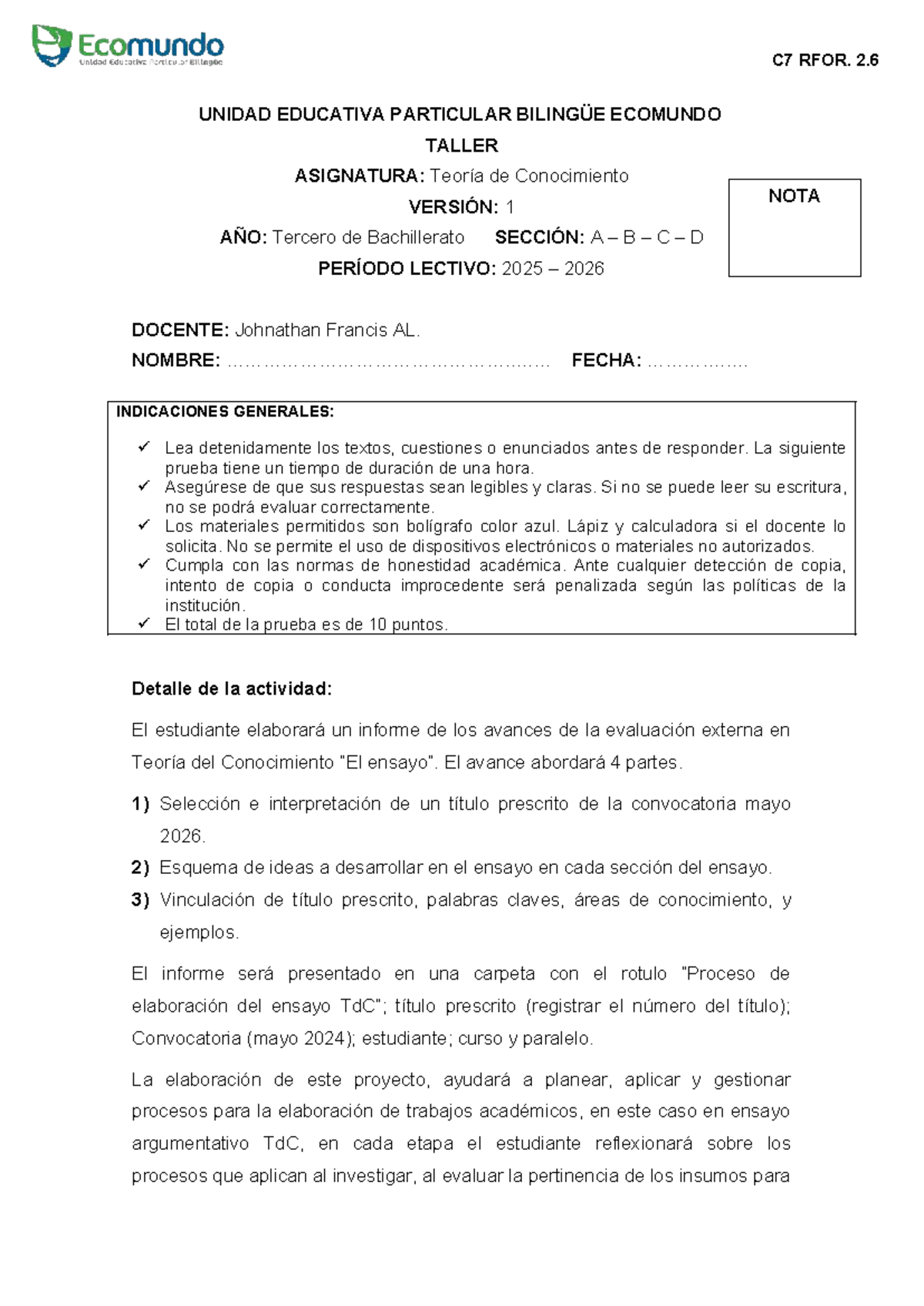 C7 RFOR. 2.6 Informe de Avances en Teoría del Conocimiento 2025-2026 ...