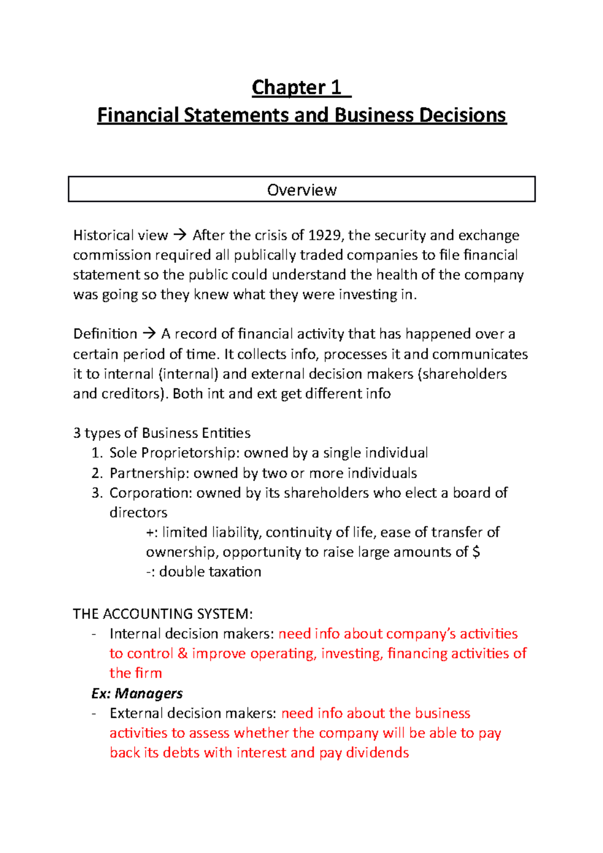 Chapter 1: Introduction to Financial Statements - Comm 217 - Studocu