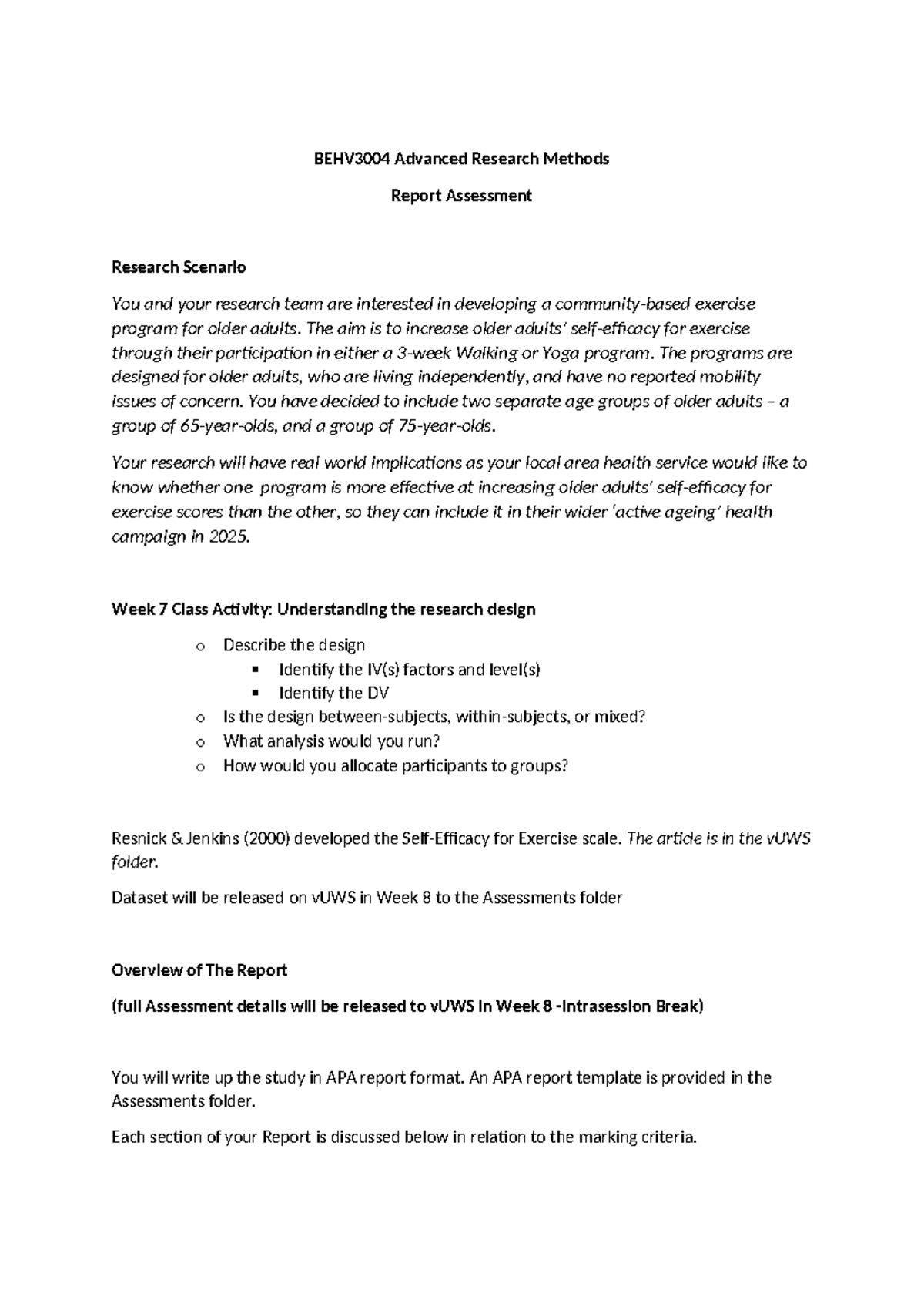 BEHV3004 Advanced Research Methods - Community-Based Exercise Program ...