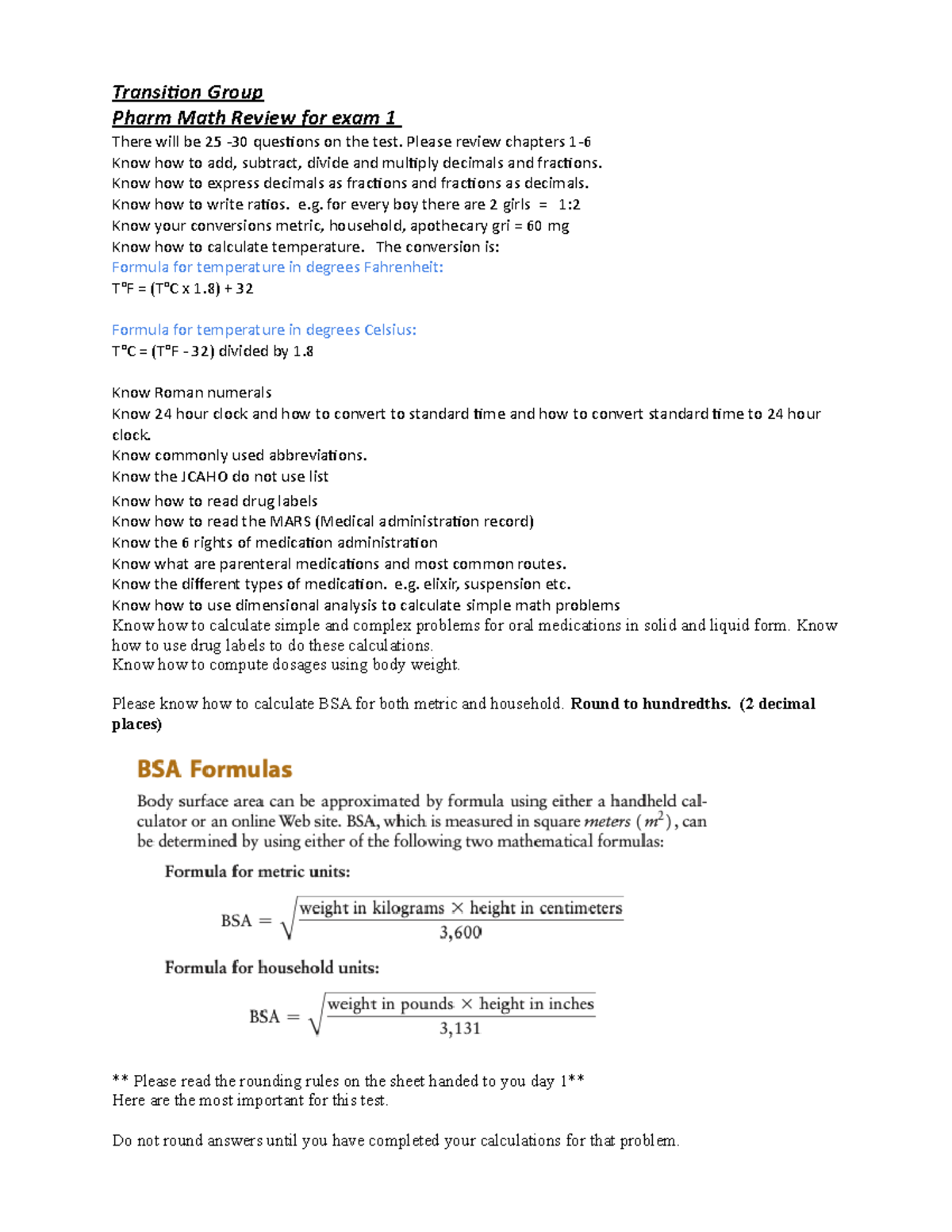 Pharm Math Review Sheet for Test 1: Chapters 1-6 Essentials - Studocu