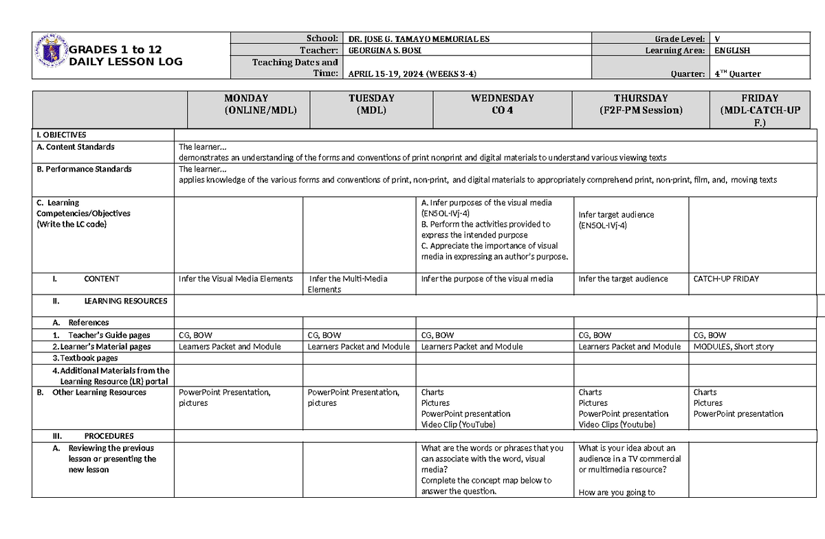 Grade 5 CO4 English Daily Lesson Log Q4 - Week 4 Overview - Studocu