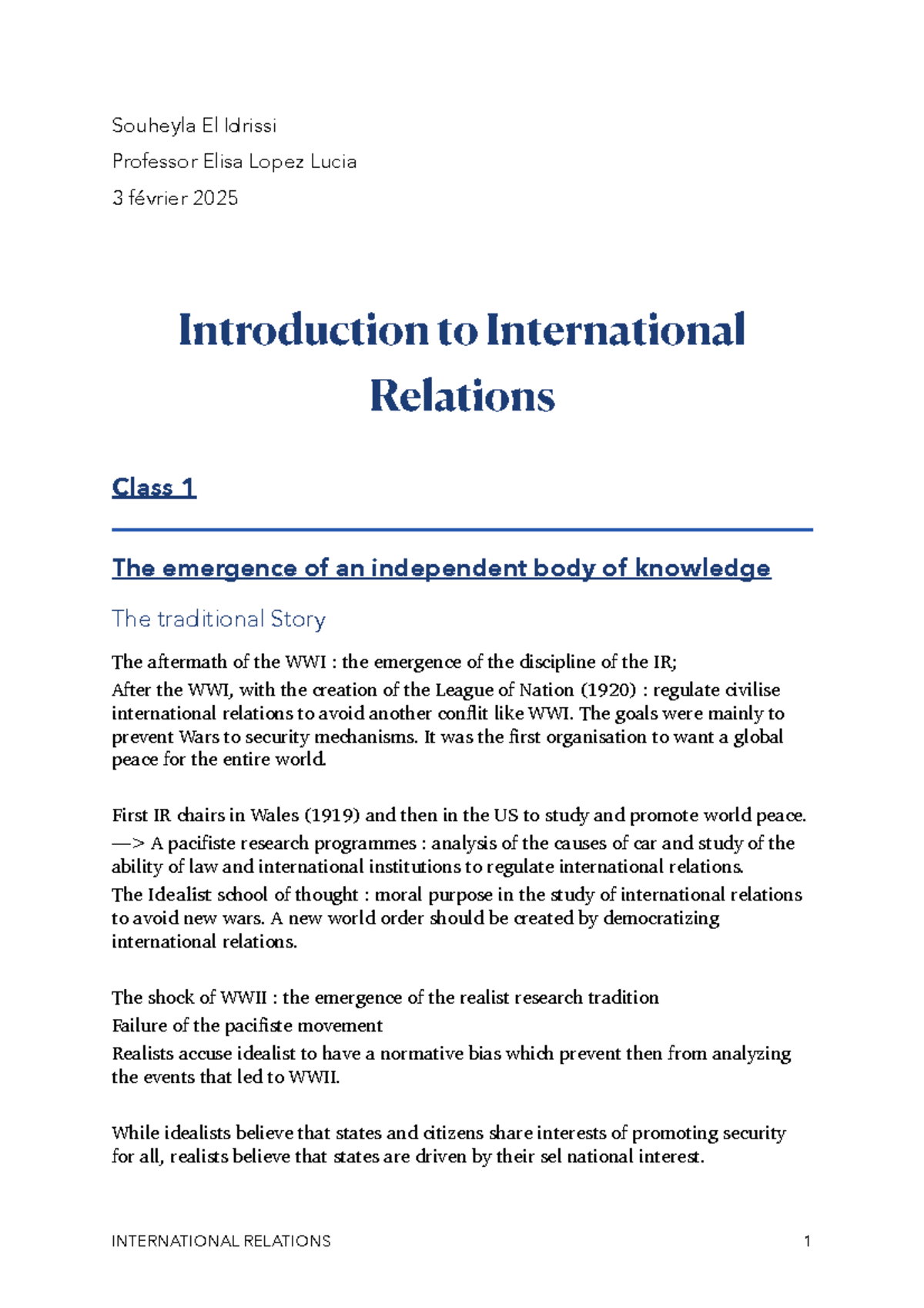 Introduction to International Relations (IR101) - Class 1 Overview and ...