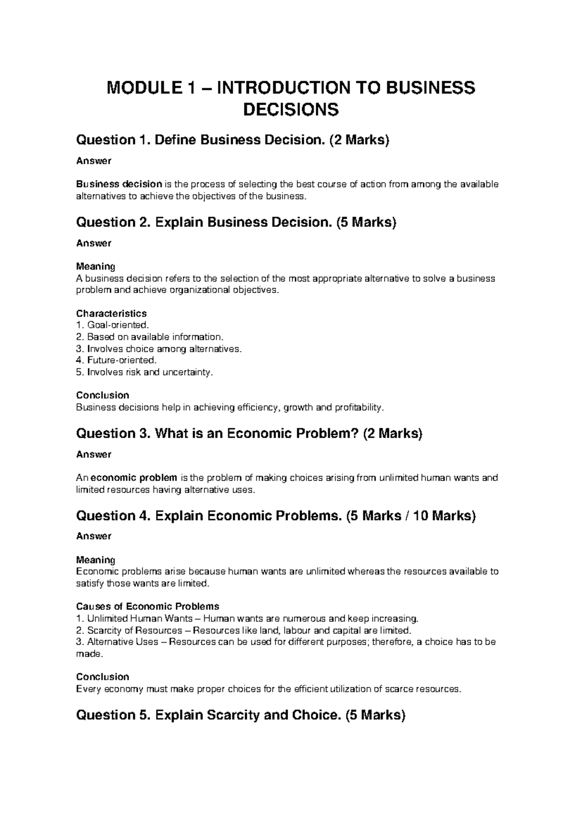 BDMS Module 1: Intro to Business Decisions & Economic Problems - Studocu