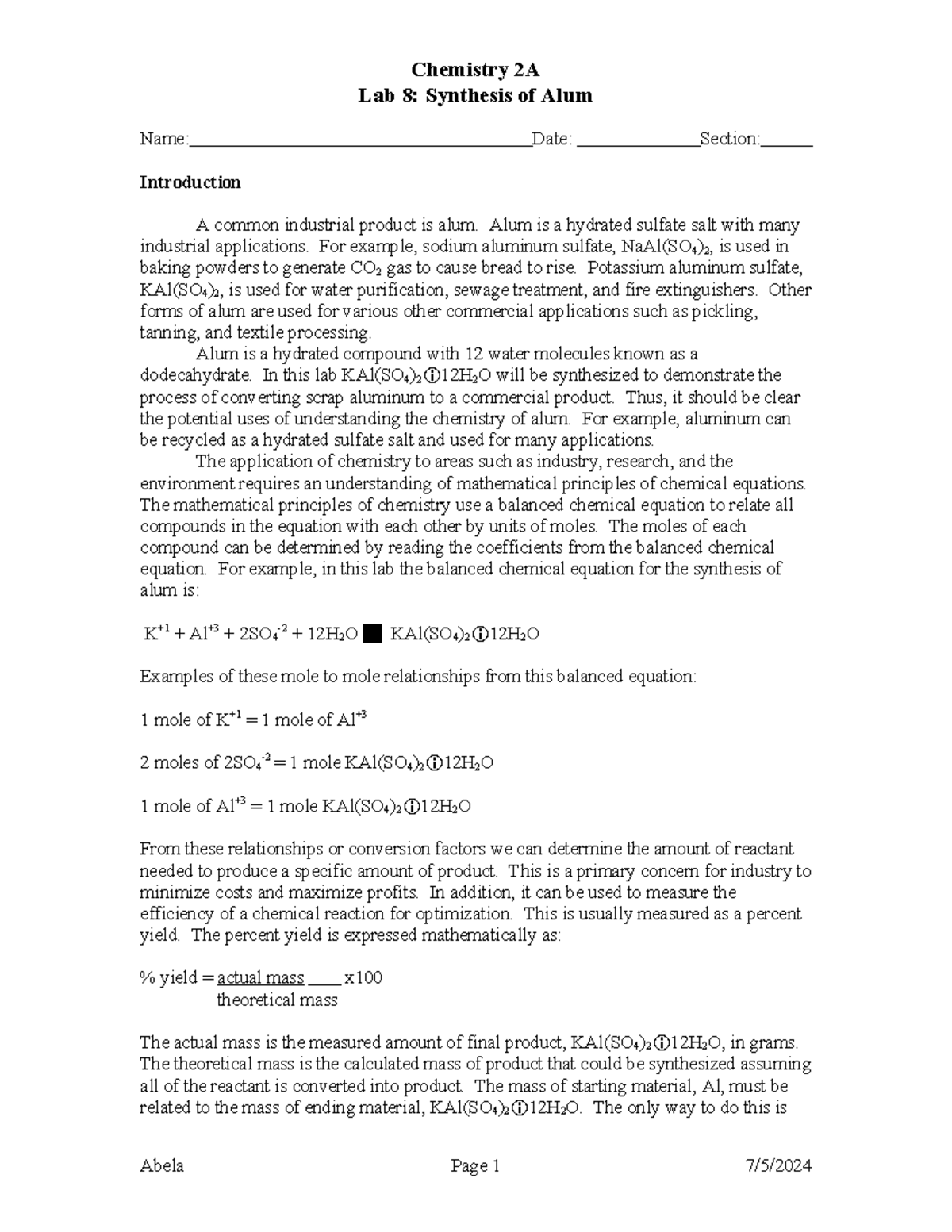 Chem 2A Lab 8: Alum Synthesis - Chemistry Practice & Calculations - Studocu