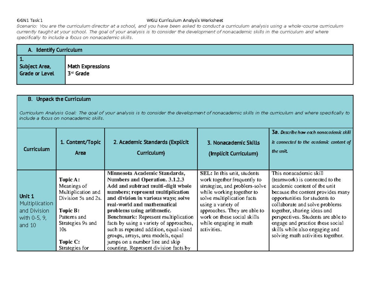 D630 Task 1 - Curriculum Analysis for 3rd Grade Math Skills - Studocu