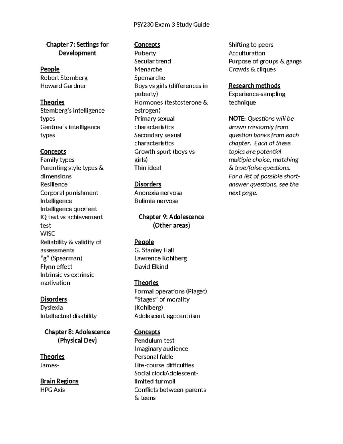 PSY230 Exam 3 Study Guide: Key Concepts in Development & Adolescence ...