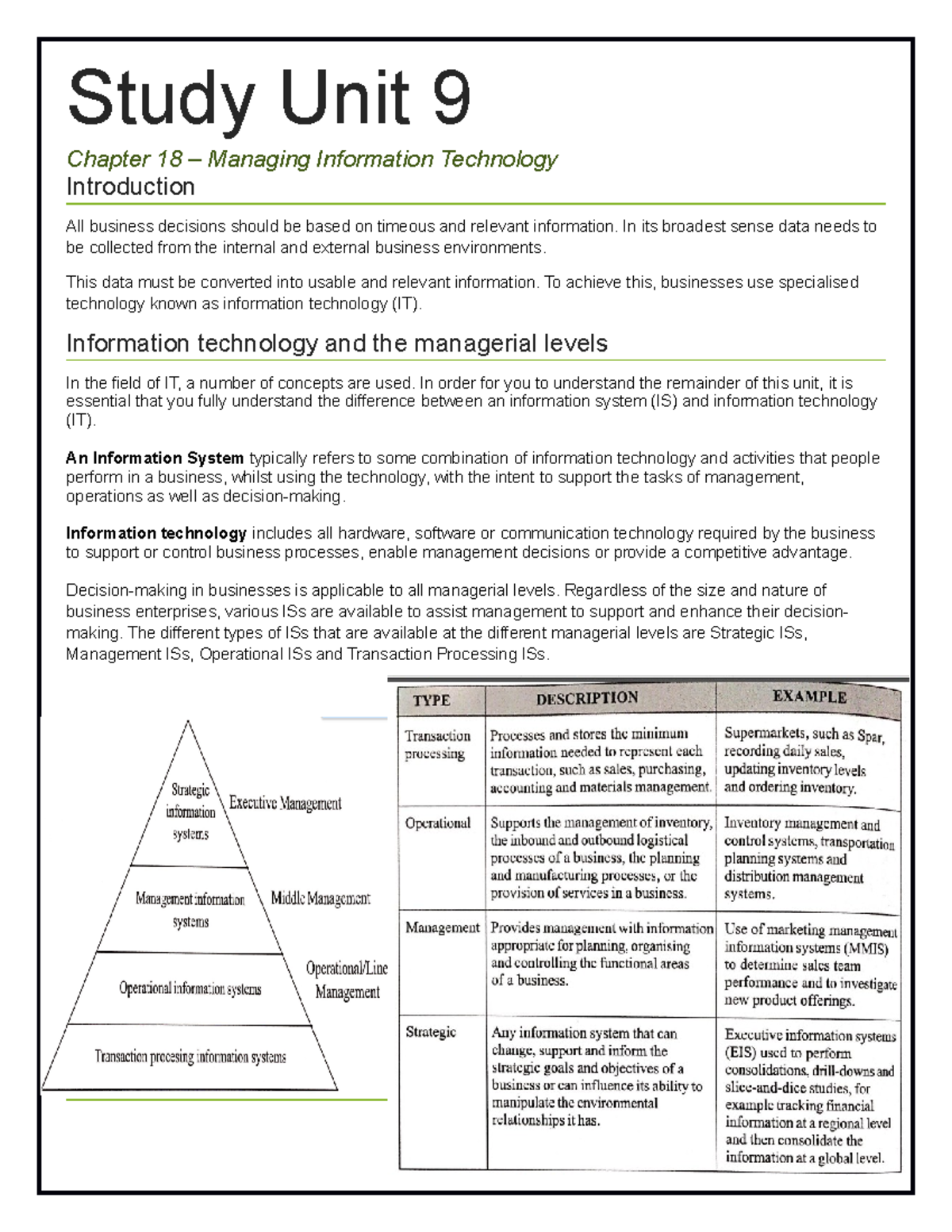 Study Unit 9: Chapter 18 - Managing Information Technology in Business ...