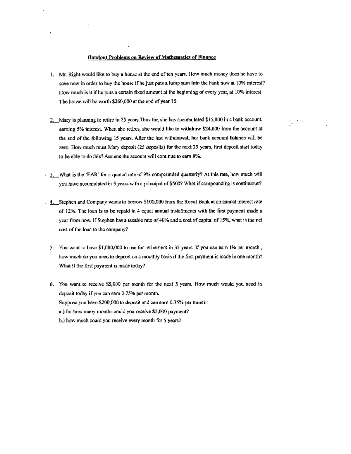 Handout Problems on Mathematics of Finance (FIN 101) - Studocu