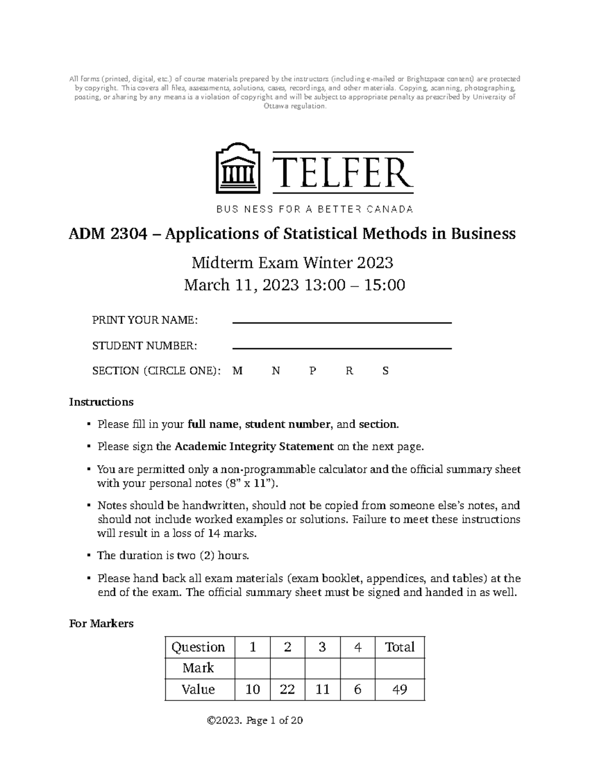 ADM 2304 - Midterm Exam Solutions for Winter 2023 - Studocu