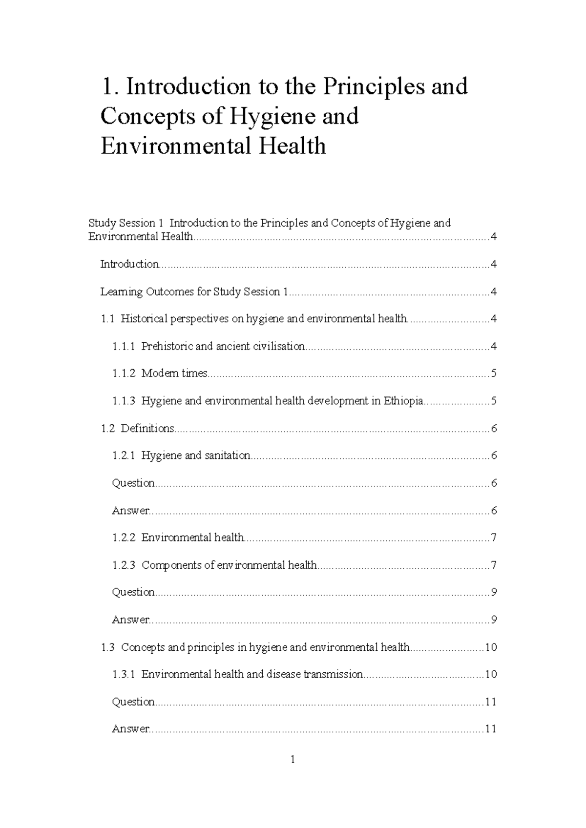Hygiene & Environmental Health Principles: Study Session 1 (PH 101 ...