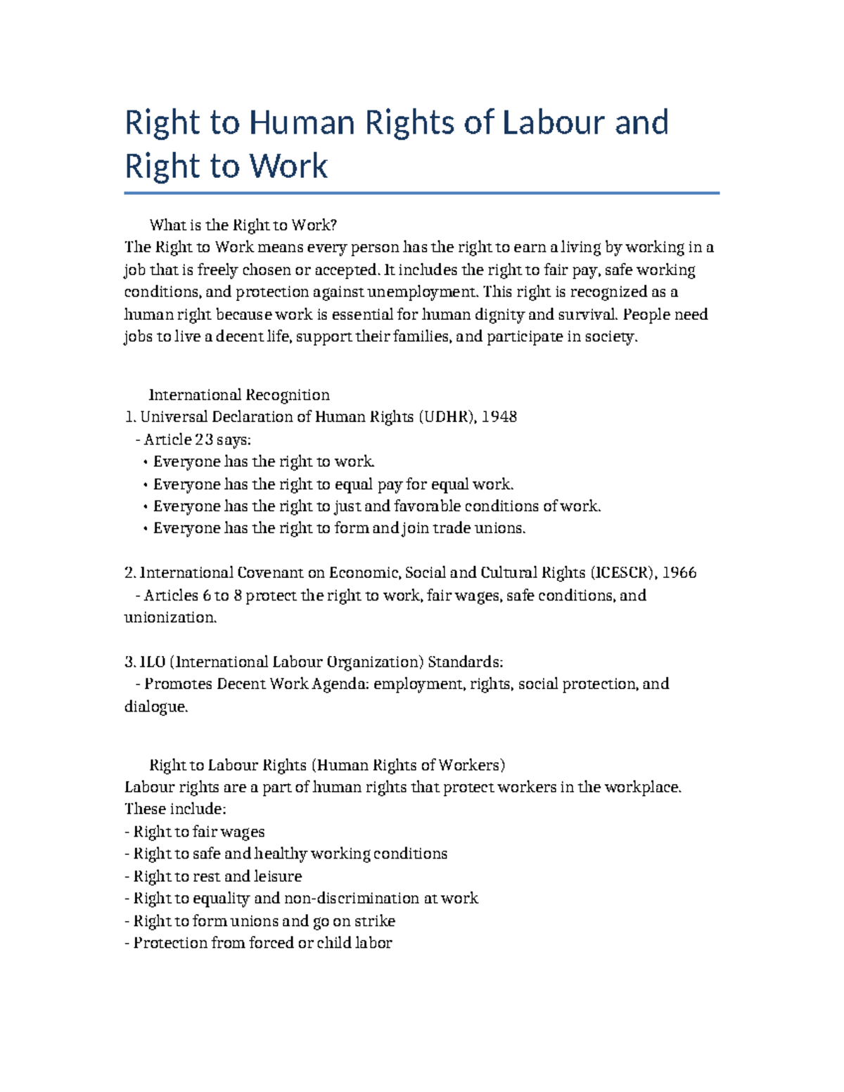 Right to Work and Labour Rights: A Human Rights Perspective - Studocu