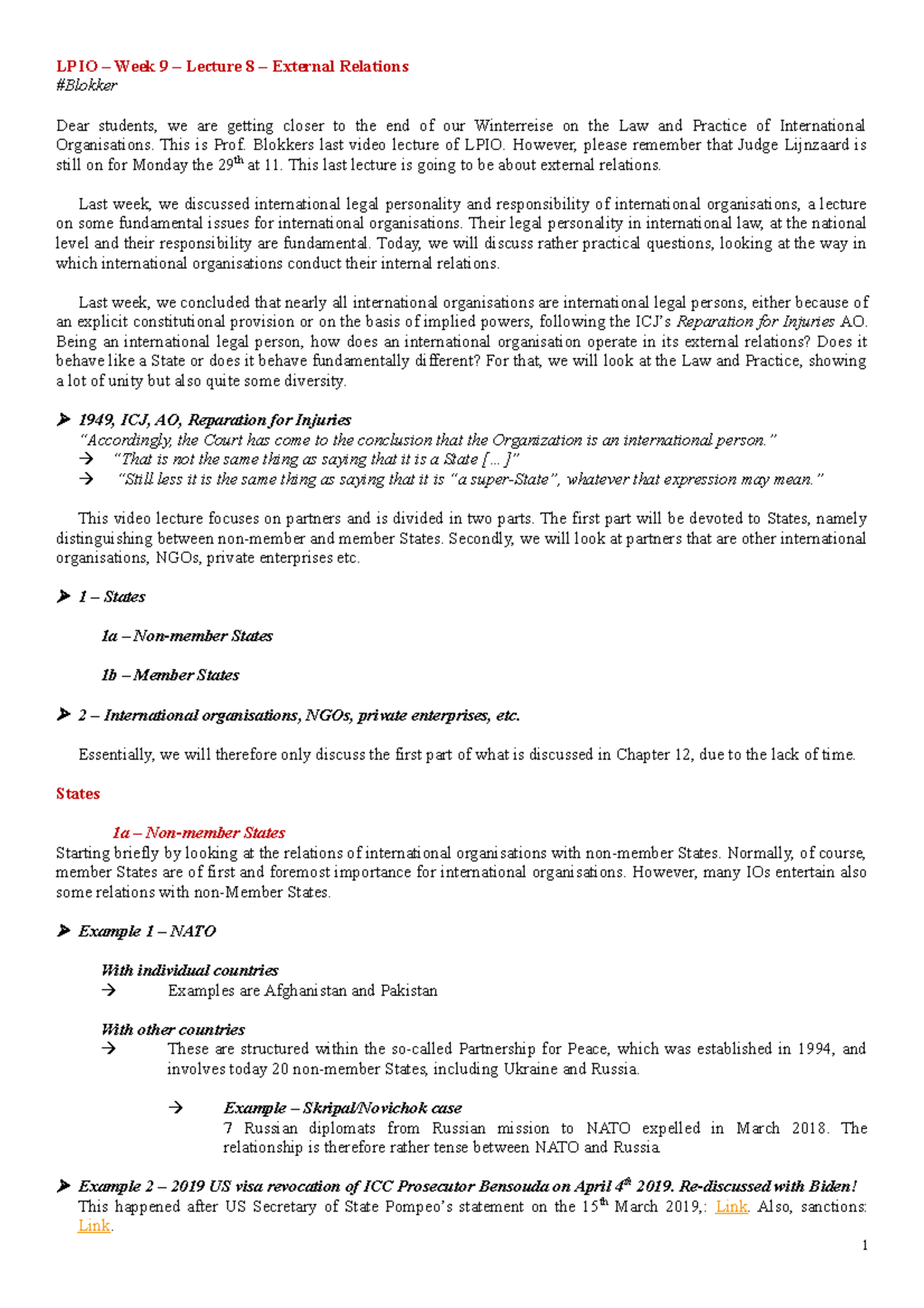 LPIO - Lecture 8 - Course Notes on External Relations and IOs - Studeersnel