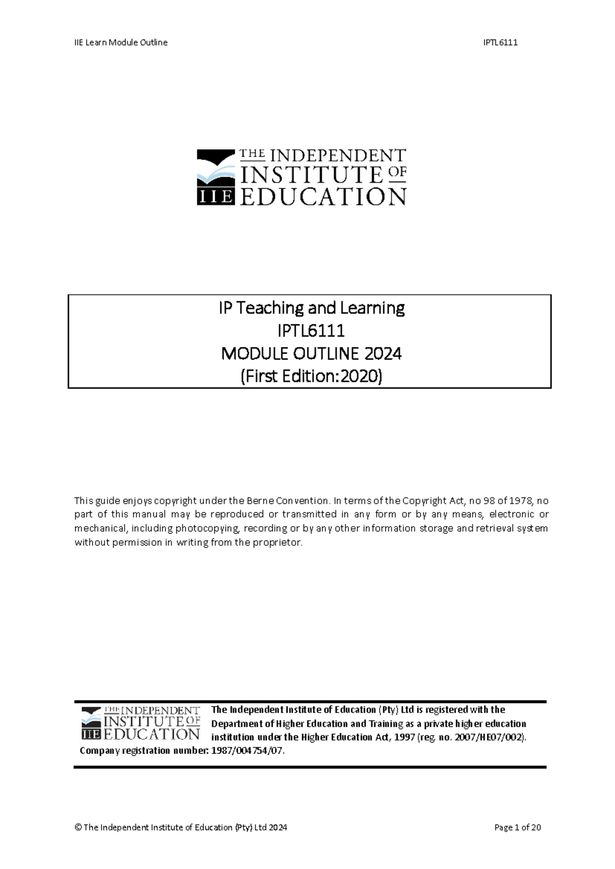IPTL6111 Module Outline: Teaching & Learning in South African IP - Studocu