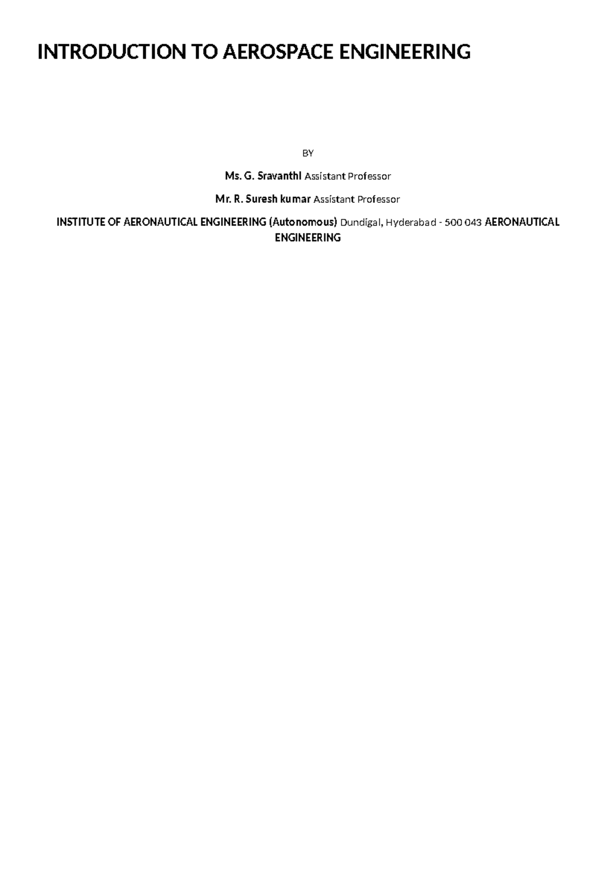 Introduction TO Aerospace Engineering - INTRODUCTION TO AEROSPACE ...