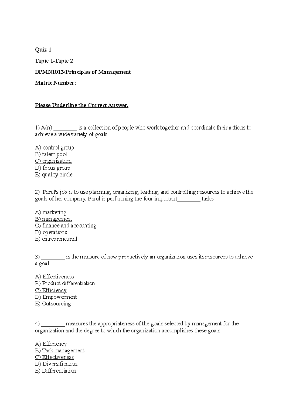 P. Management topic 1 and 2 with answer - Quiz 1 Topic 1-Topic 2 ...