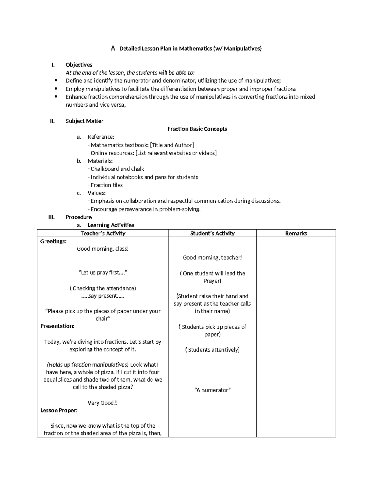 Detailed Lesson Plan on Fractions Using Manipulatives (Math 101) - Studocu