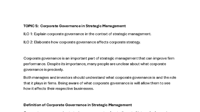 Topic 5: Corporate Governance in Strategic Management - PA132 - Studocu