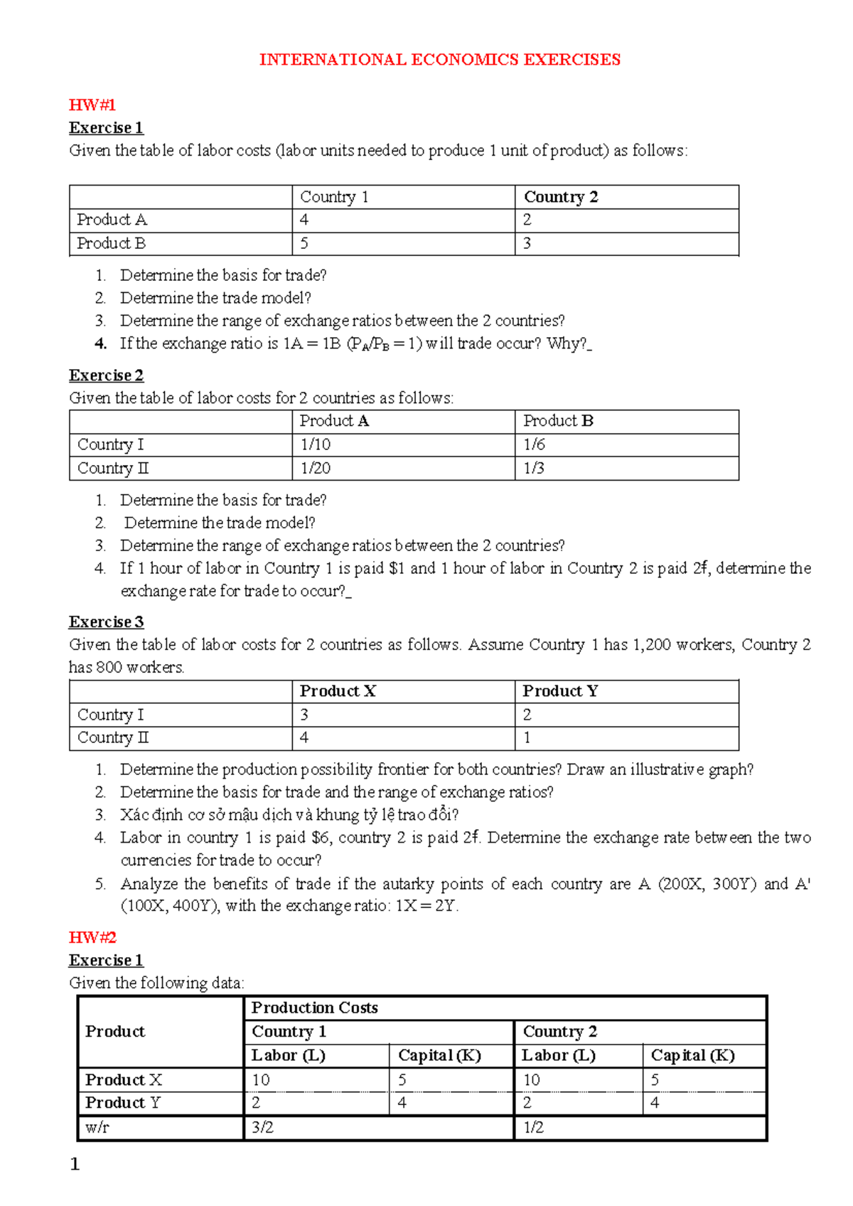 HW#1-HW#6 2025 - Exercises in International Economics Chapter 1 - Studocu