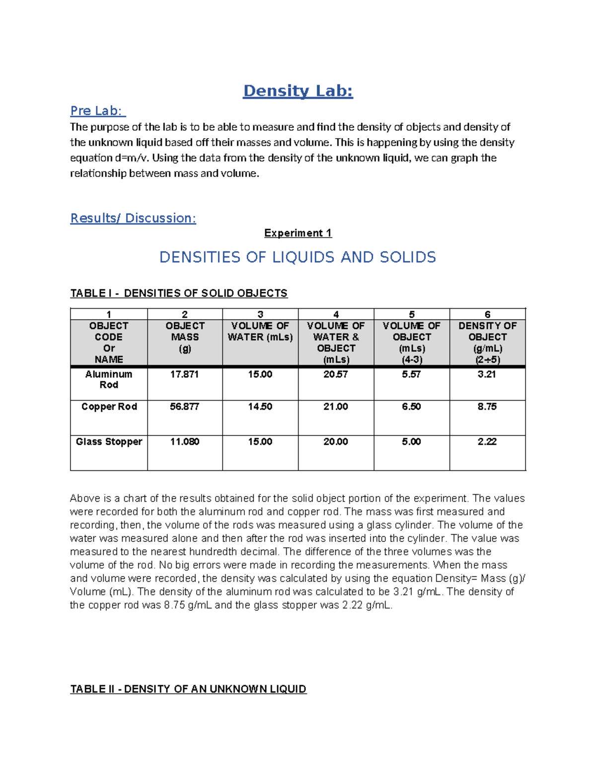 Chem Lab 1: Density Measurement of Solids and Unknown Liquid - Studocu