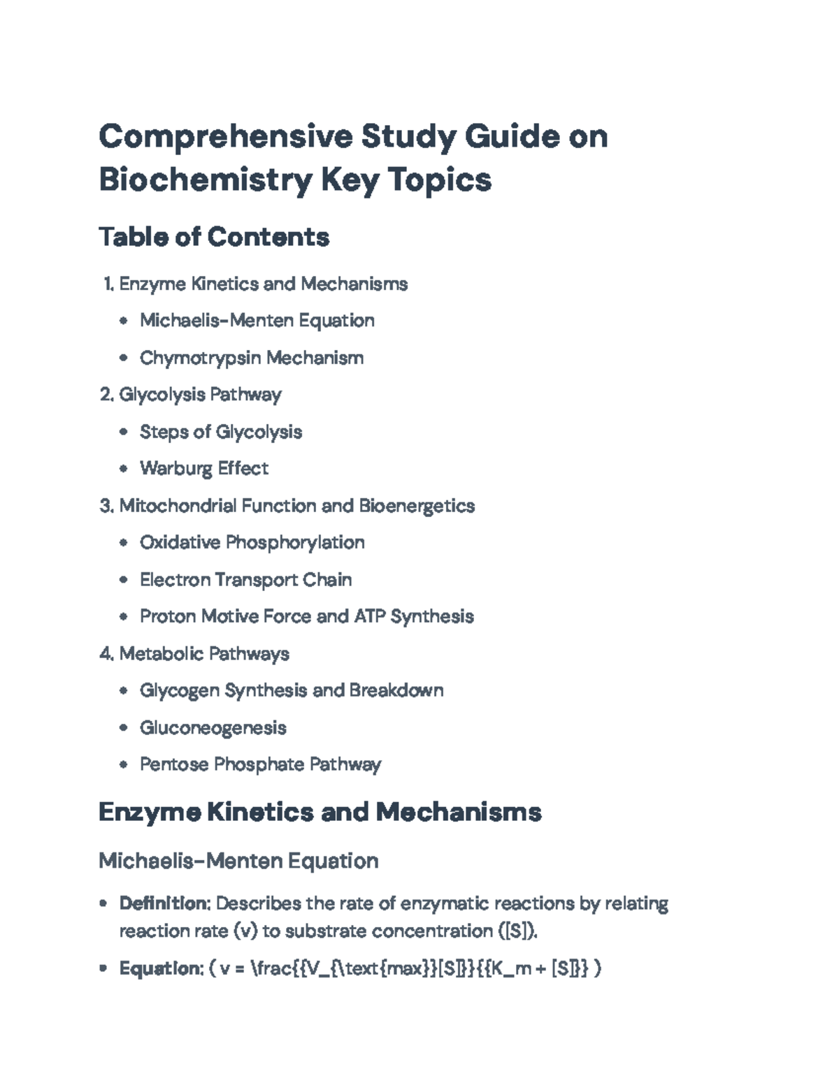 Biochemistry Study Guide: Key Topics in Enzyme Kinetics & Metabolism - Comprehensive Study Guide ...