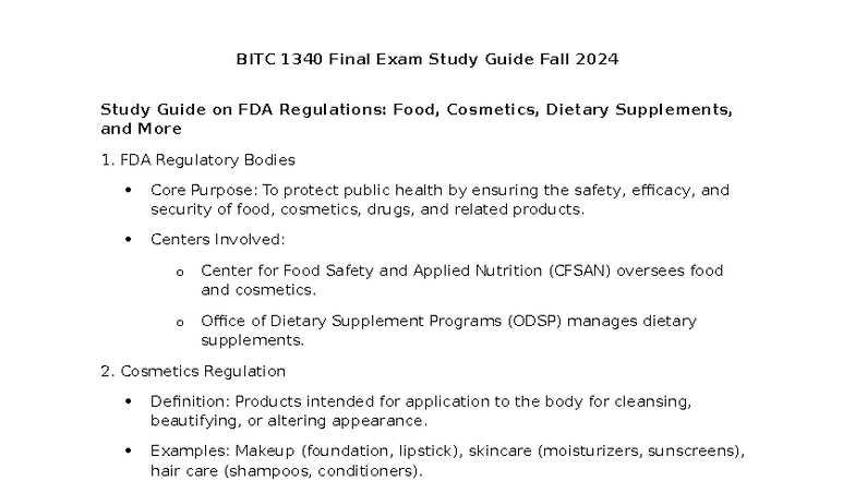BITC 1340 Final Exam Study Guide: FDA Regulations & Biopharmaceuticals ...