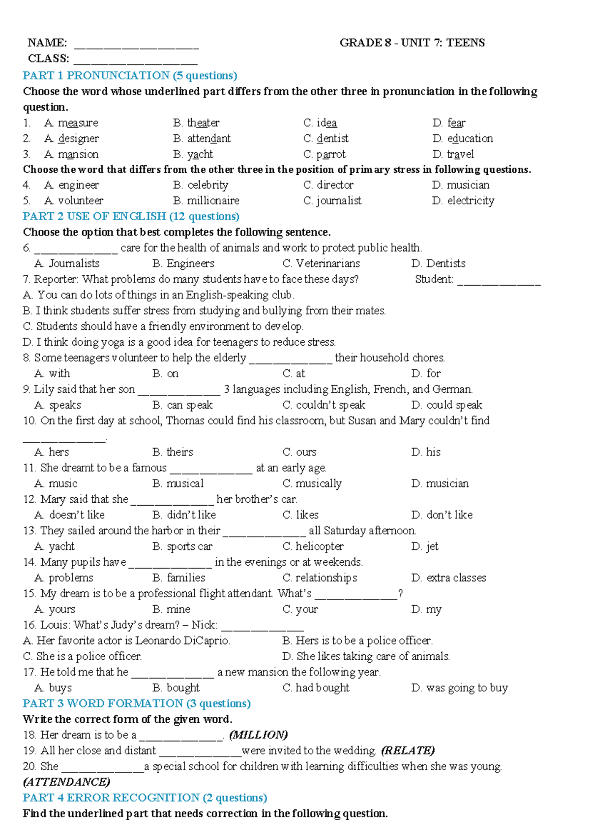 GRADE 8 ENGLISH UNIT 7: PRONUNCIATION & USE OF ENGLISH PRACTICE - Studocu