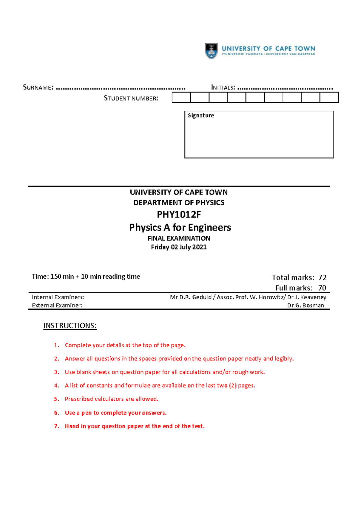 PHY1012F Physics A for Engineers - Final Exam Paper 2021 - Studocu