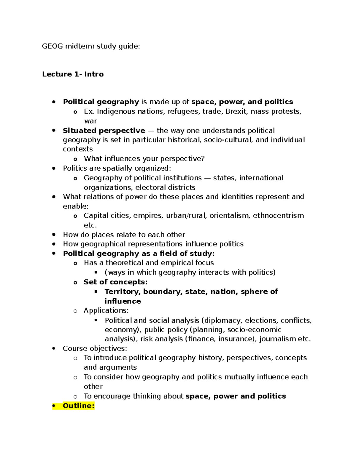 GEOG Midterm Study Guide: Political Geography Concepts and Perspectives ...