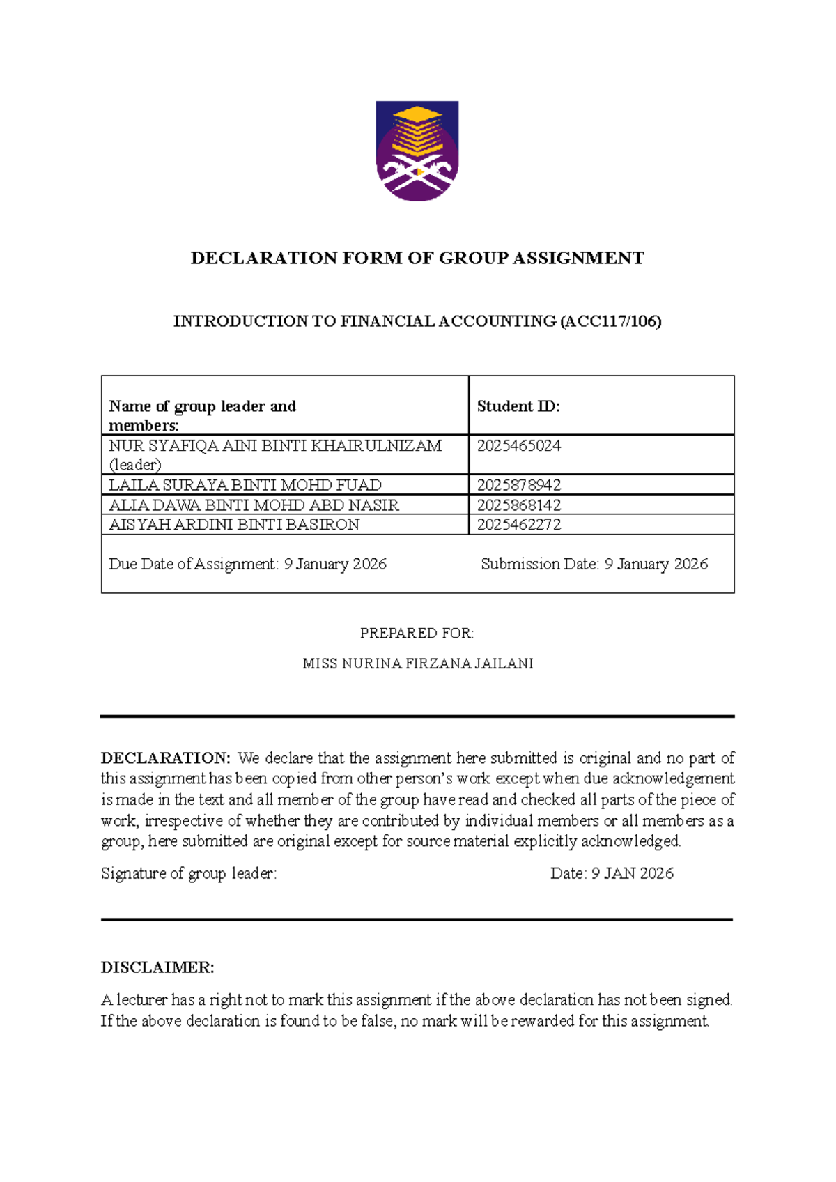 ACC 117 Group Assignment: Declaration and Business Overview of Kuih Co ...