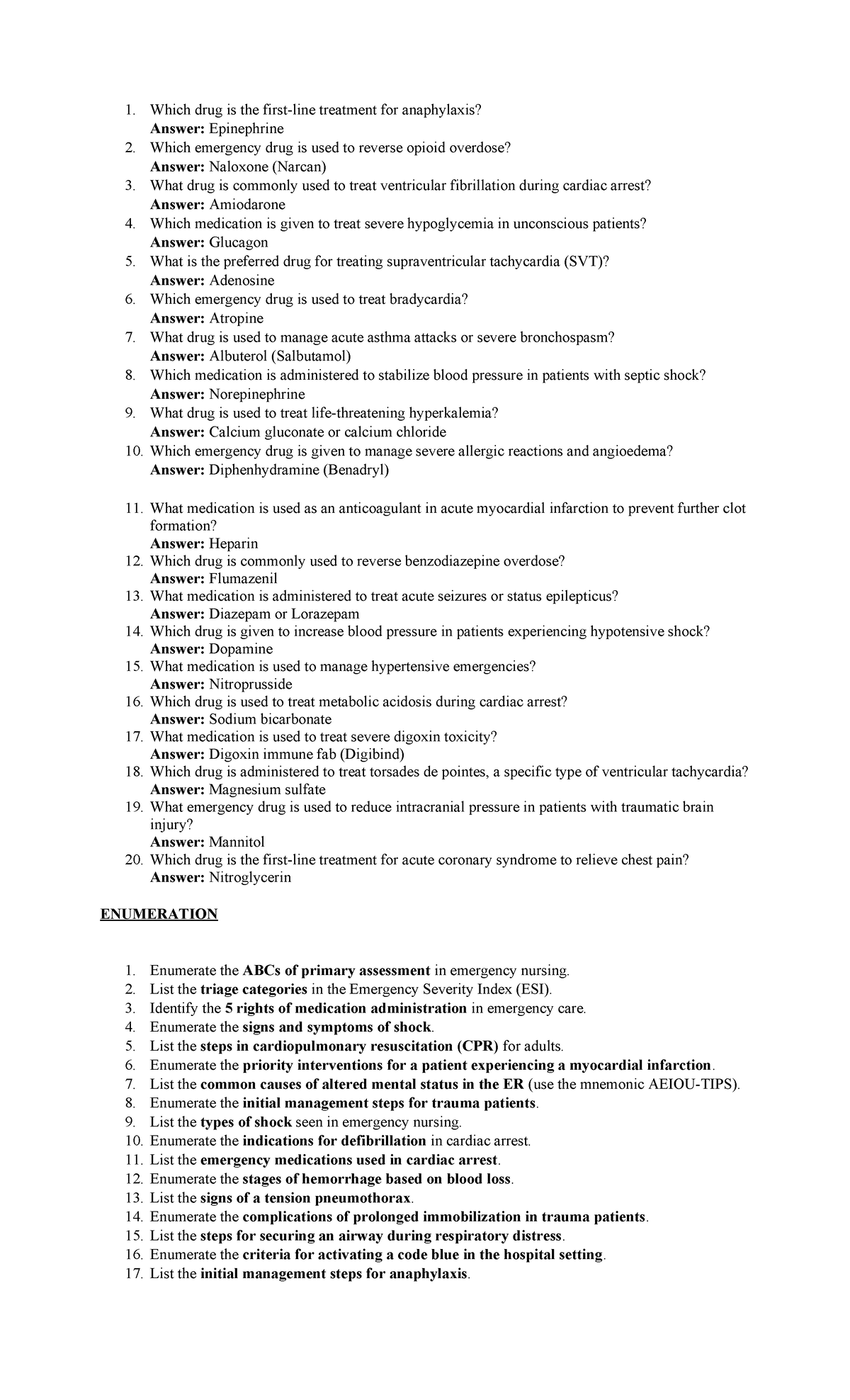 ER Quiz (Course Code: ER101) - Key Concepts & Medications - Studocu