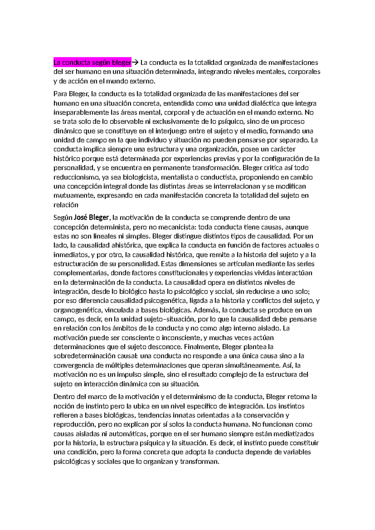Conducta y Motivación: Análisis según Bleger y Aisenson (PSY101) - Studocu