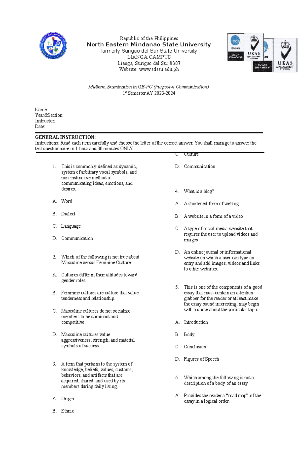 GE-PC Midterm Exam in Purposive Communication - AY 2023-2024 - Studocu