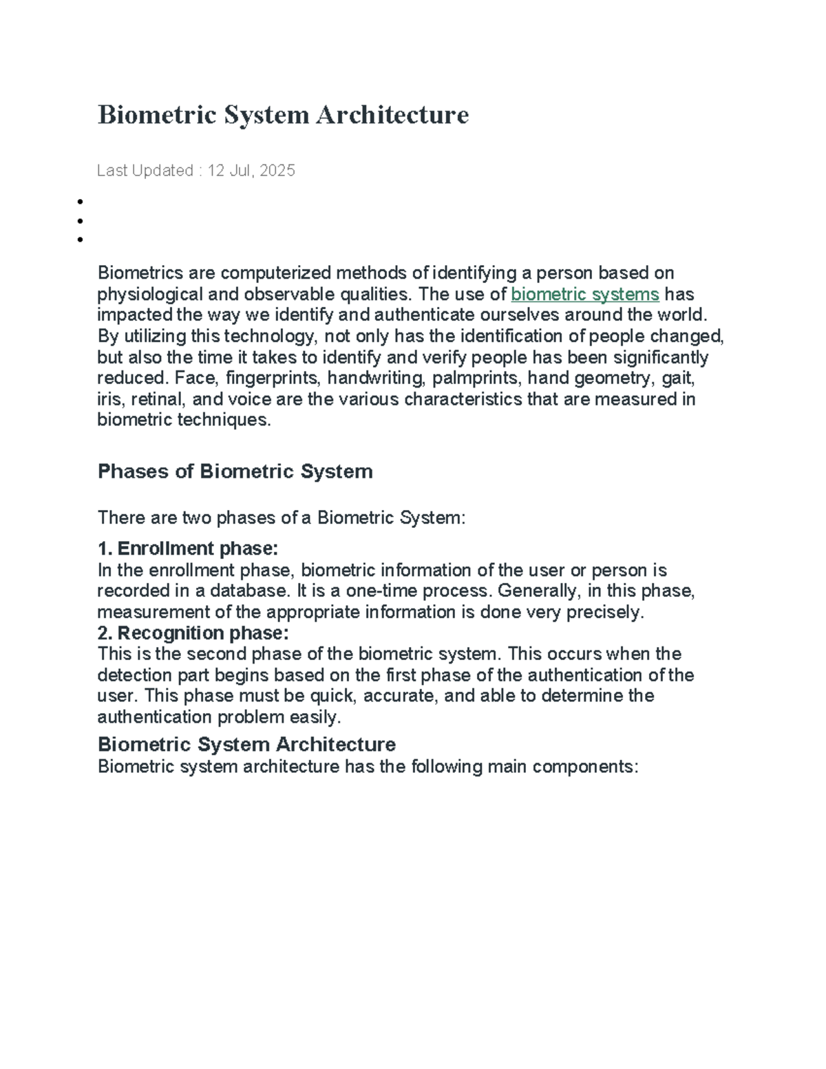 Biometric System Architecture Overview and Key Components - Studocu