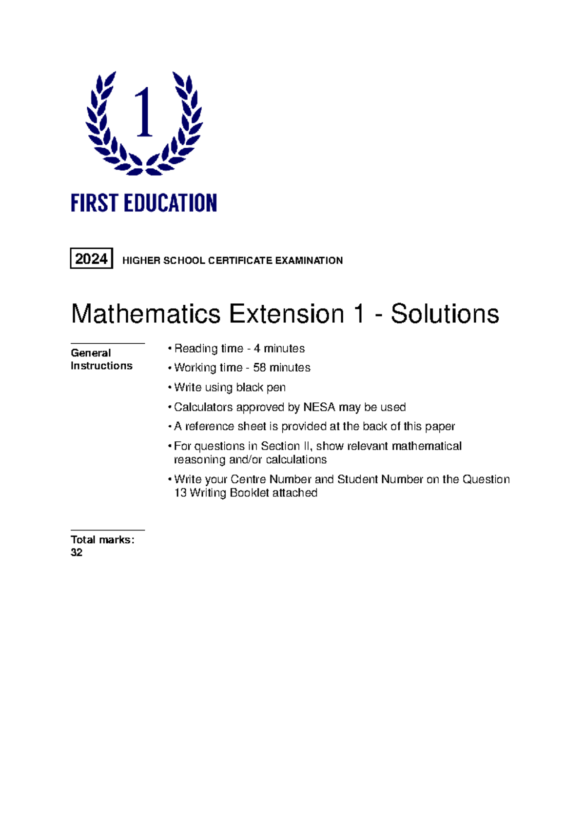 2024 HSC Mathematics Extension 1 Exam Solutions - Studocu