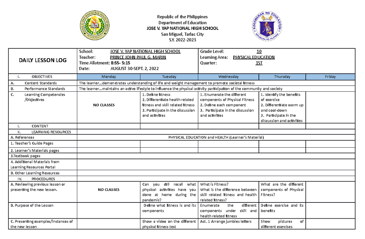 DLL-PE Week 1 - Daily Lesson Log for Grade 10 Physical Education - Studocu