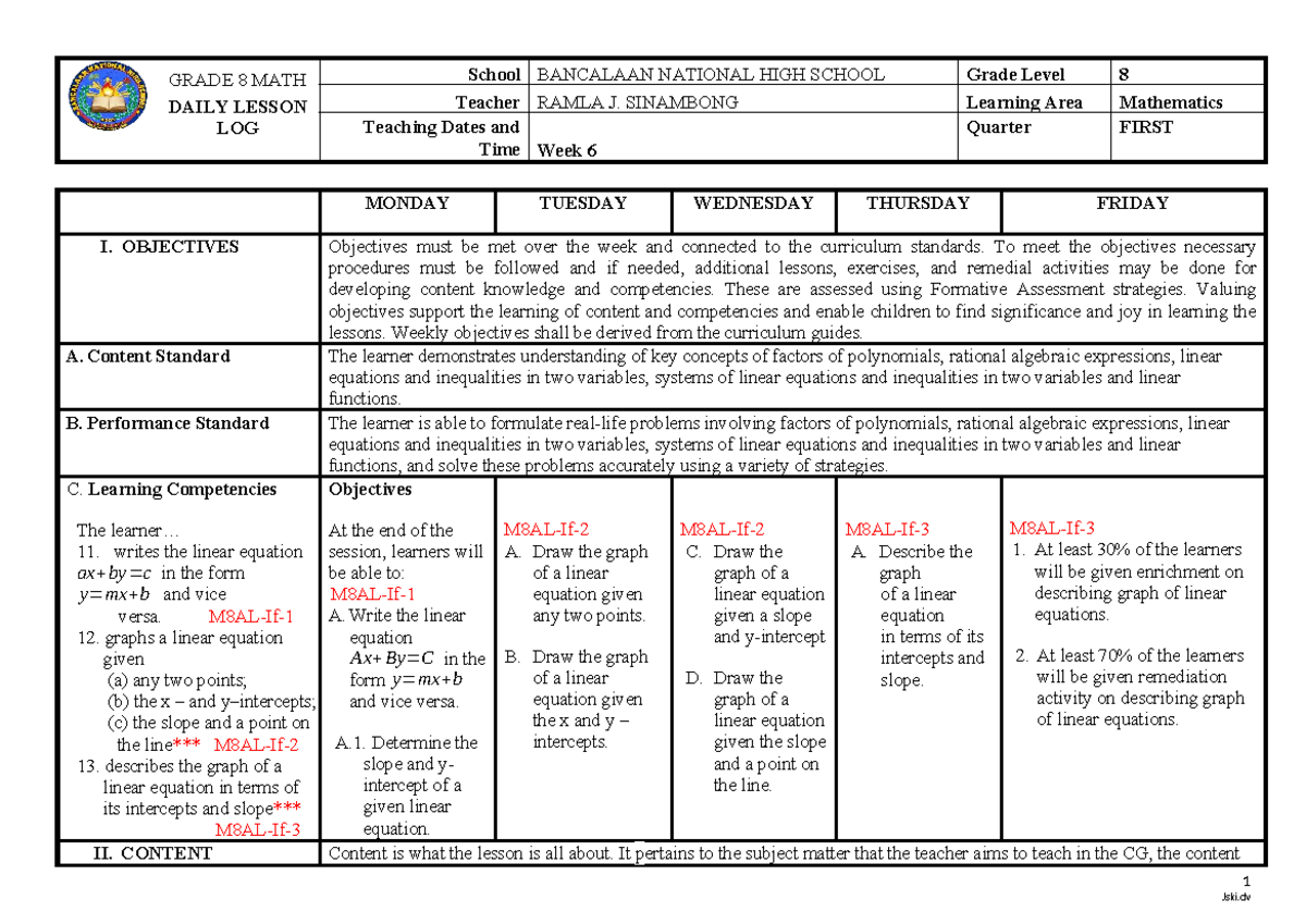 GRADE 8 MATH WEEKLY LESSON LOG - LINEAR EQUATIONS - Studocu