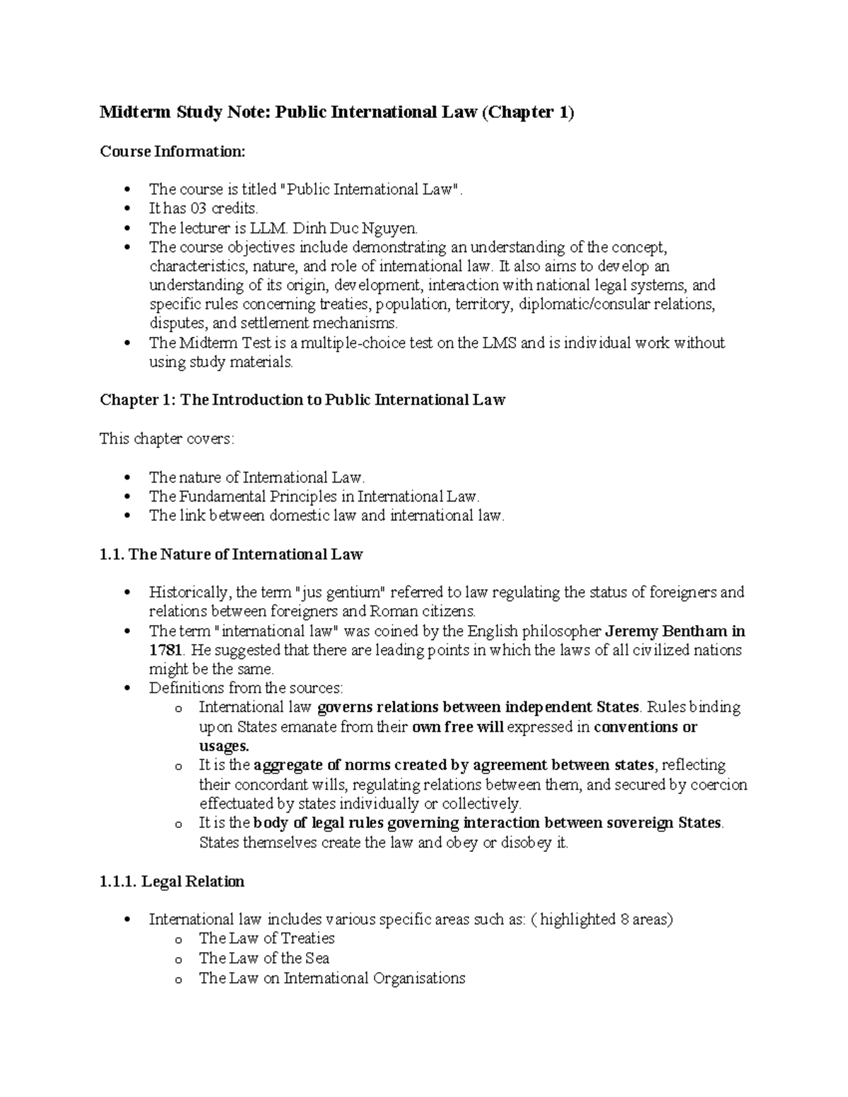 Midterm Study Notes: Public International Law (LQT) - Chapter 1 ...