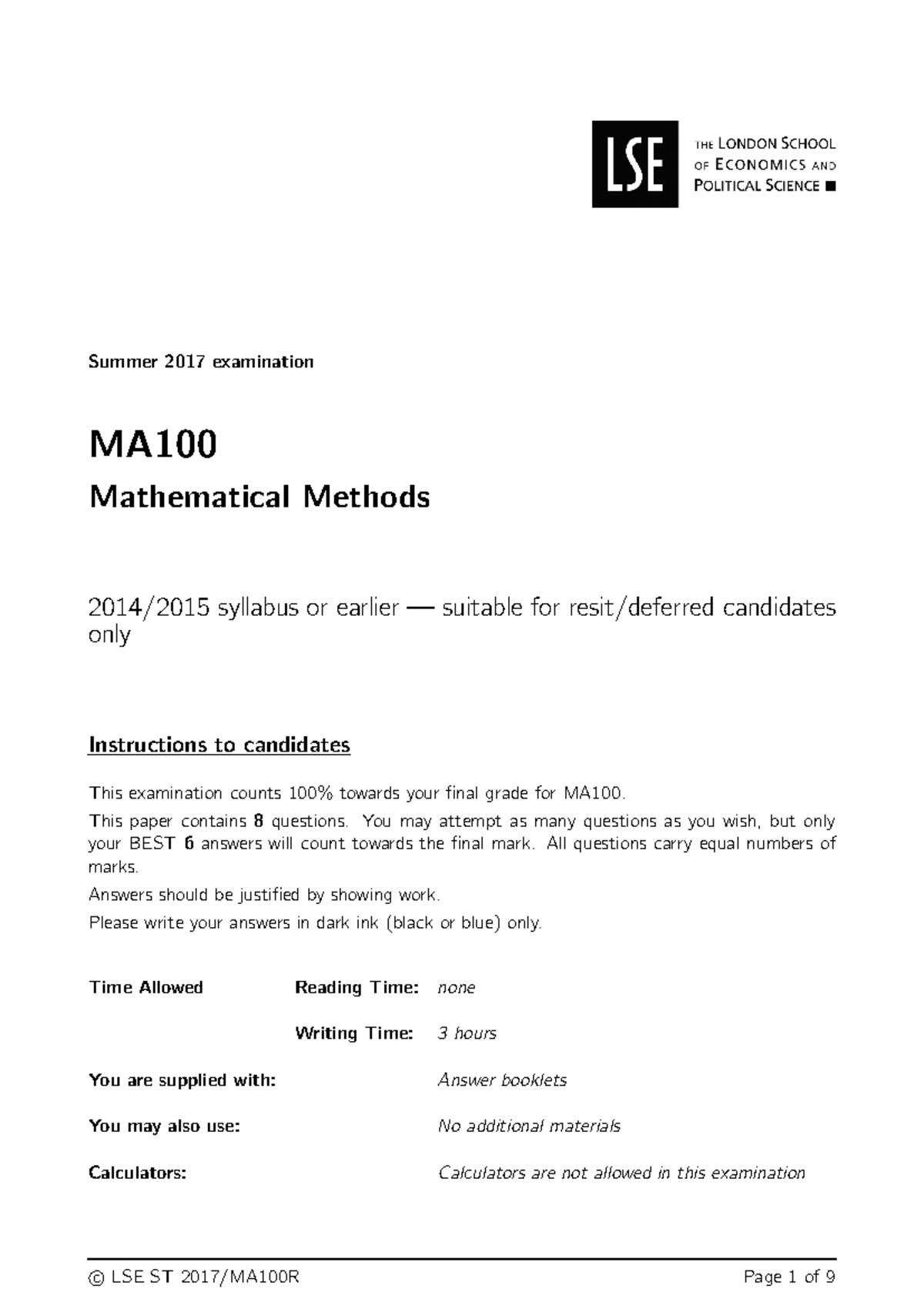 MA100 Summer 2017 Resit Exam - Mathematical Methods Details - Studocu