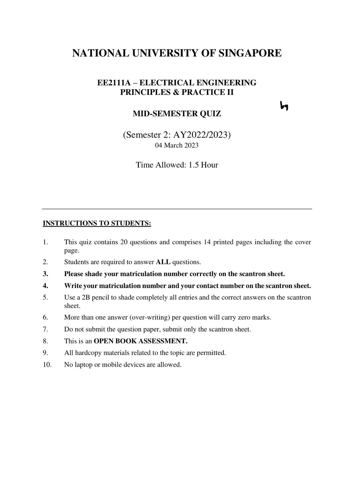 EE2111A Electrical Engineering Principles Practice 11 Quiz - Studocu
