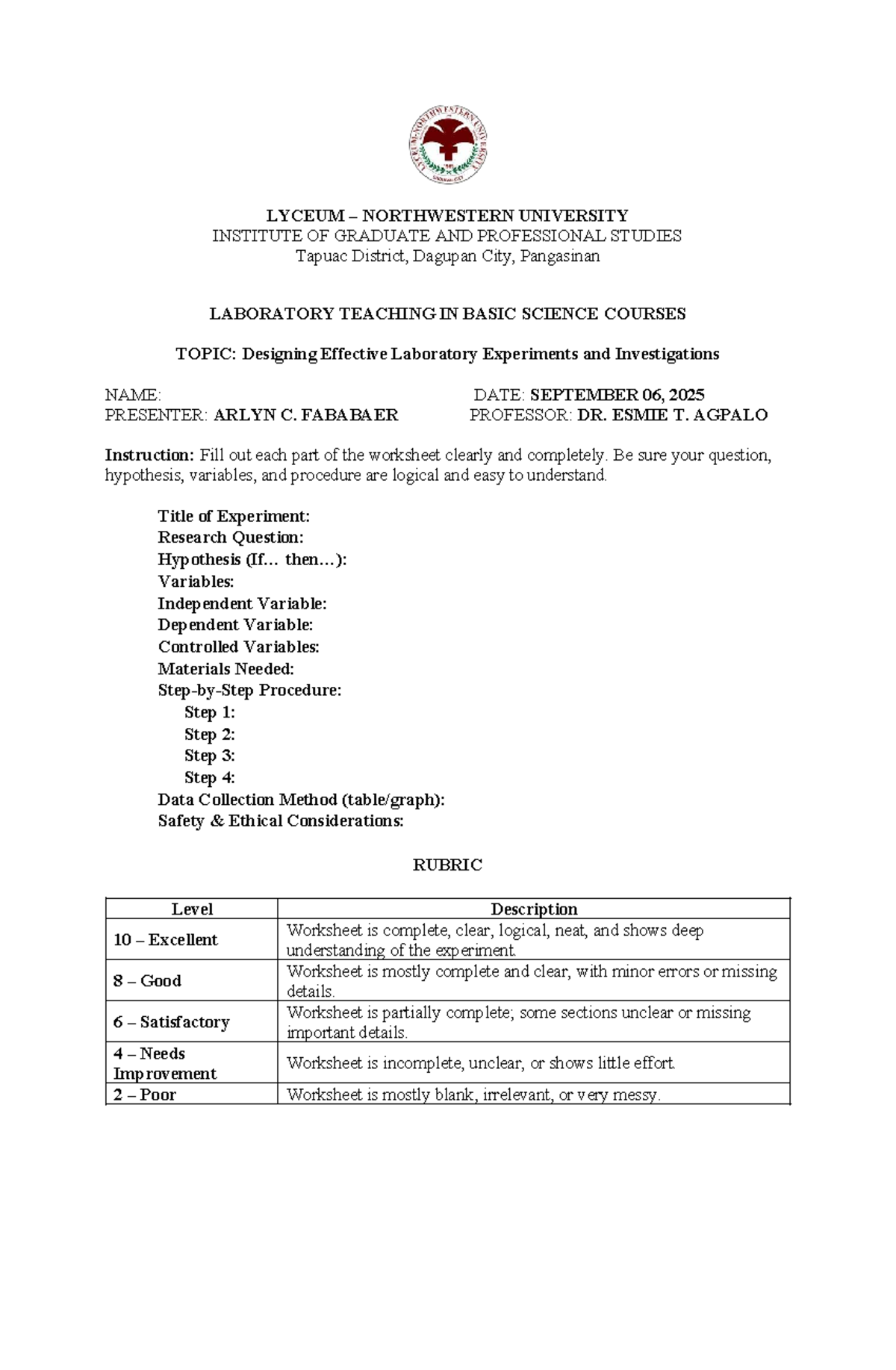 LN, FN MI - Designing Effective Lab Experiments and Investigations ...